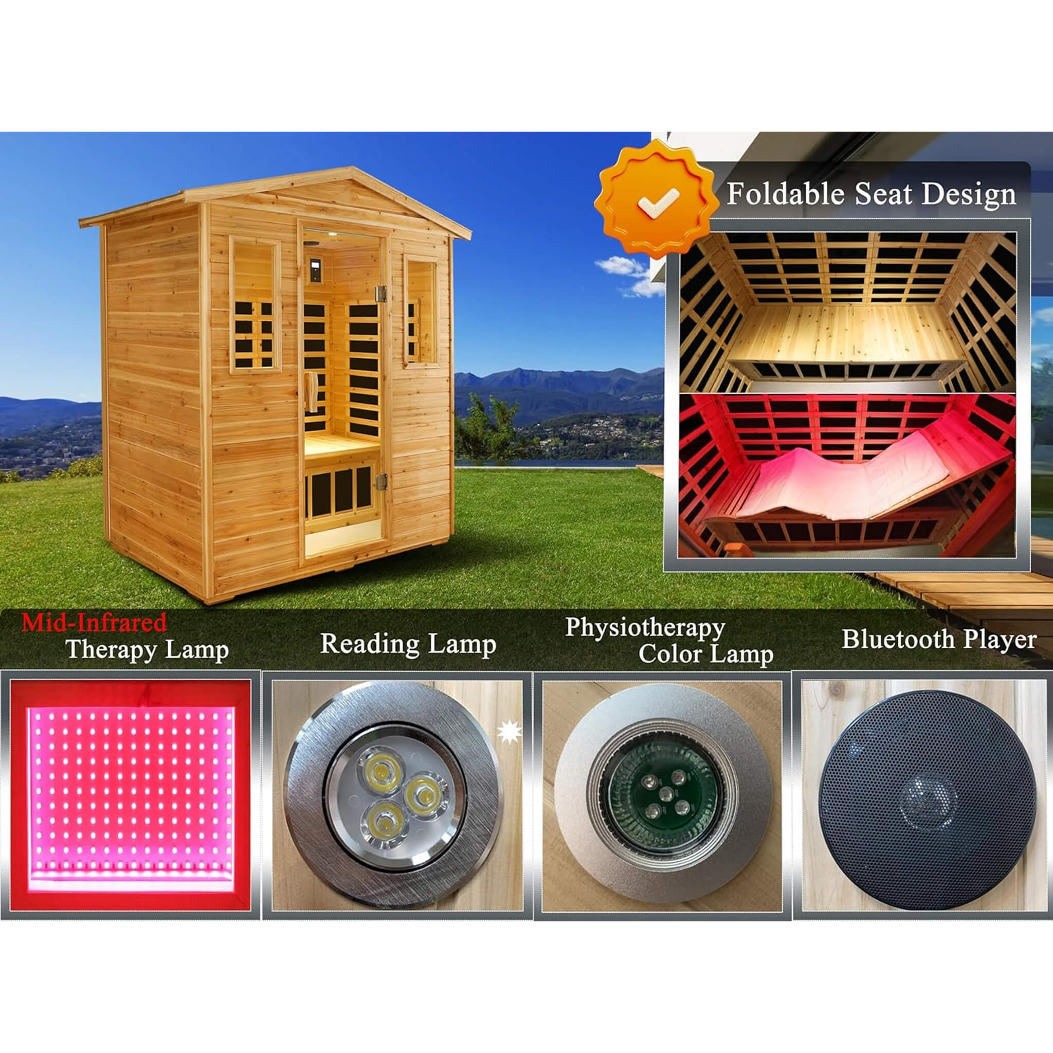 The Kora Deluxe 3-Person Outdoor Full Spectrum Low EMF Infrared Home Sauna With Bluetooth Speakers And LED Reading Light