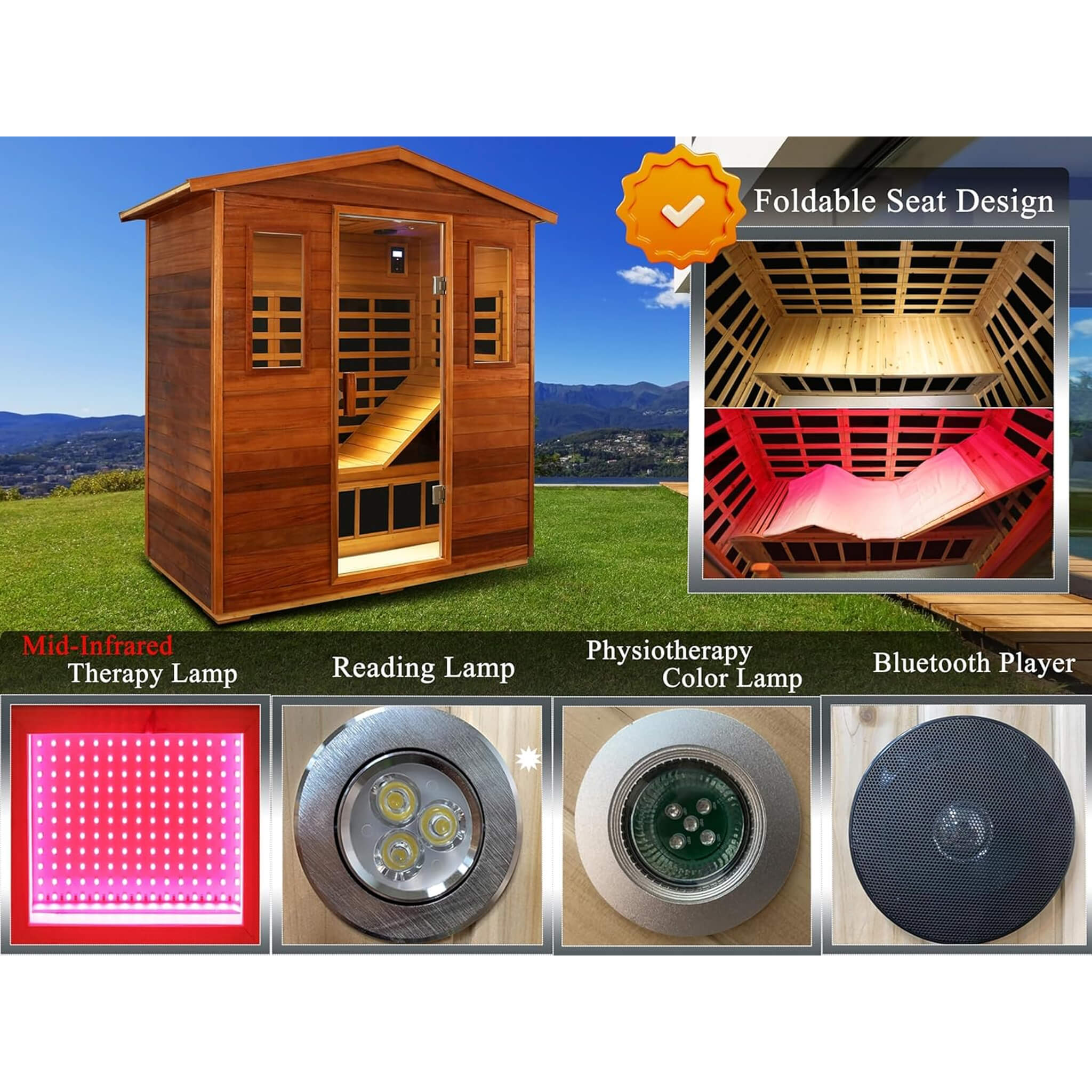 The Vanta Luxury 3-Person Outdoor Mahogany Full Spectrum Ultra-Low EMF FAR Infrared Sauna With Chromotherapy And Bluetooth Speakers