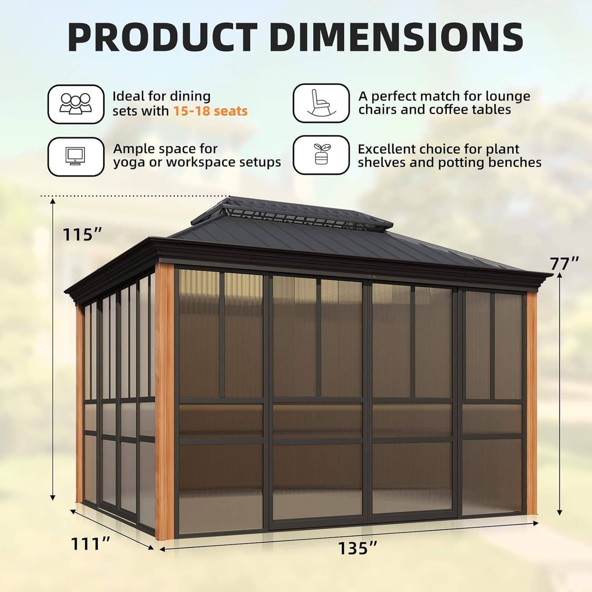 Solstice Premium All-Season Outdoor Wood Grain Sunroom with Sliding Doors and Double Top Roof