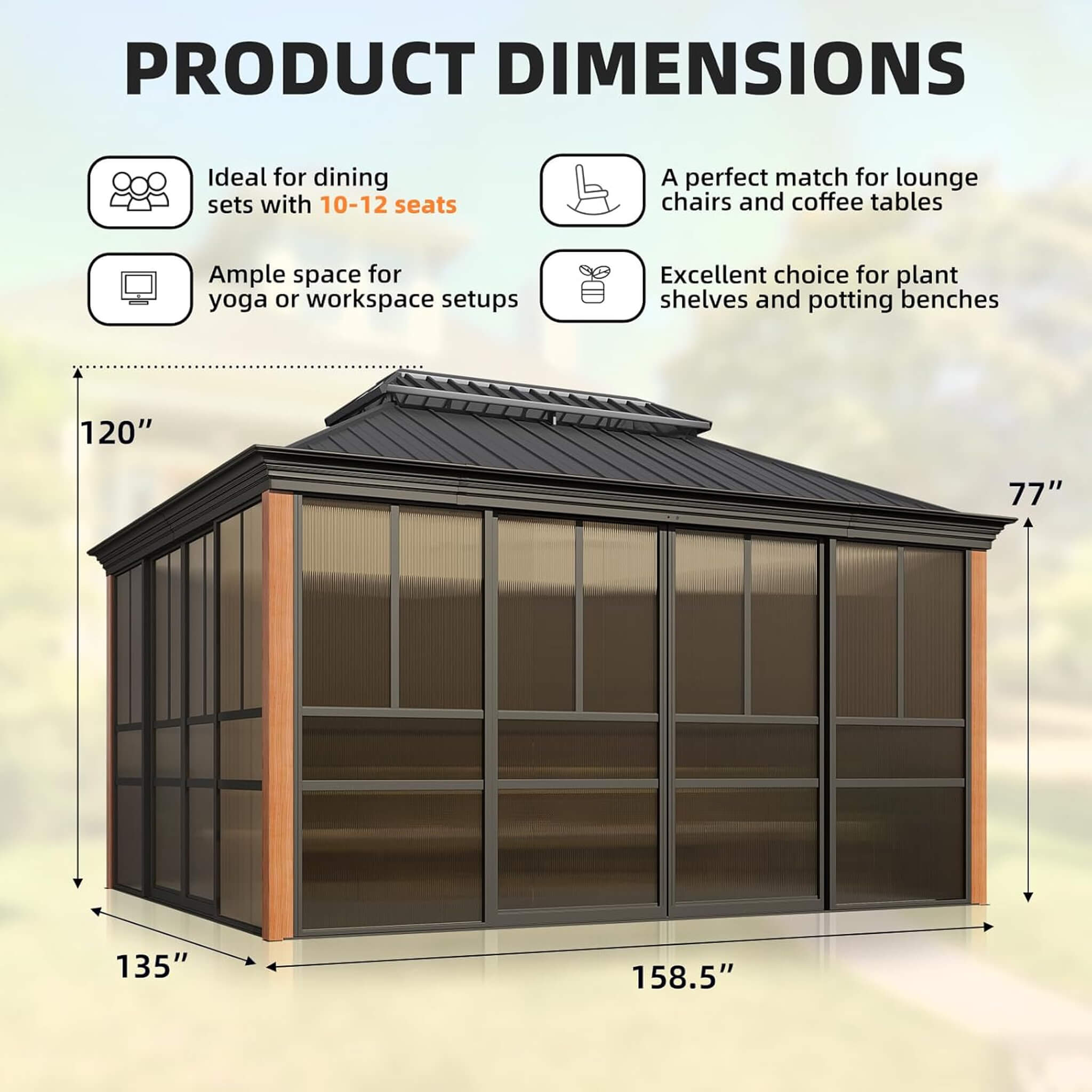 Solstice Premium All-Season Outdoor Wood Grain Sunroom with Sliding Doors and Double Top Roof