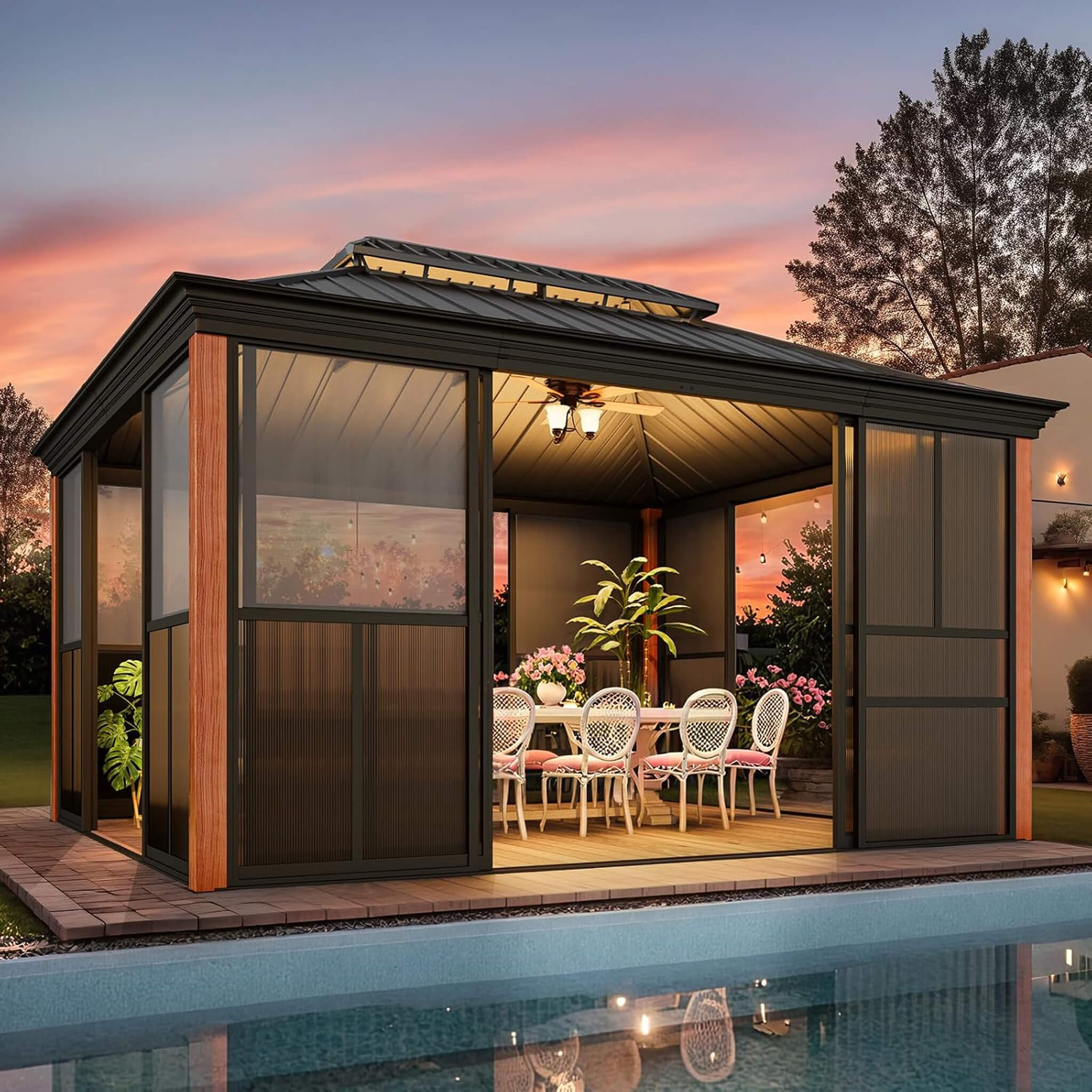 Solstice Premium All-Season Outdoor Wood Grain Sunroom with Sliding Doors and Double Top Roof
