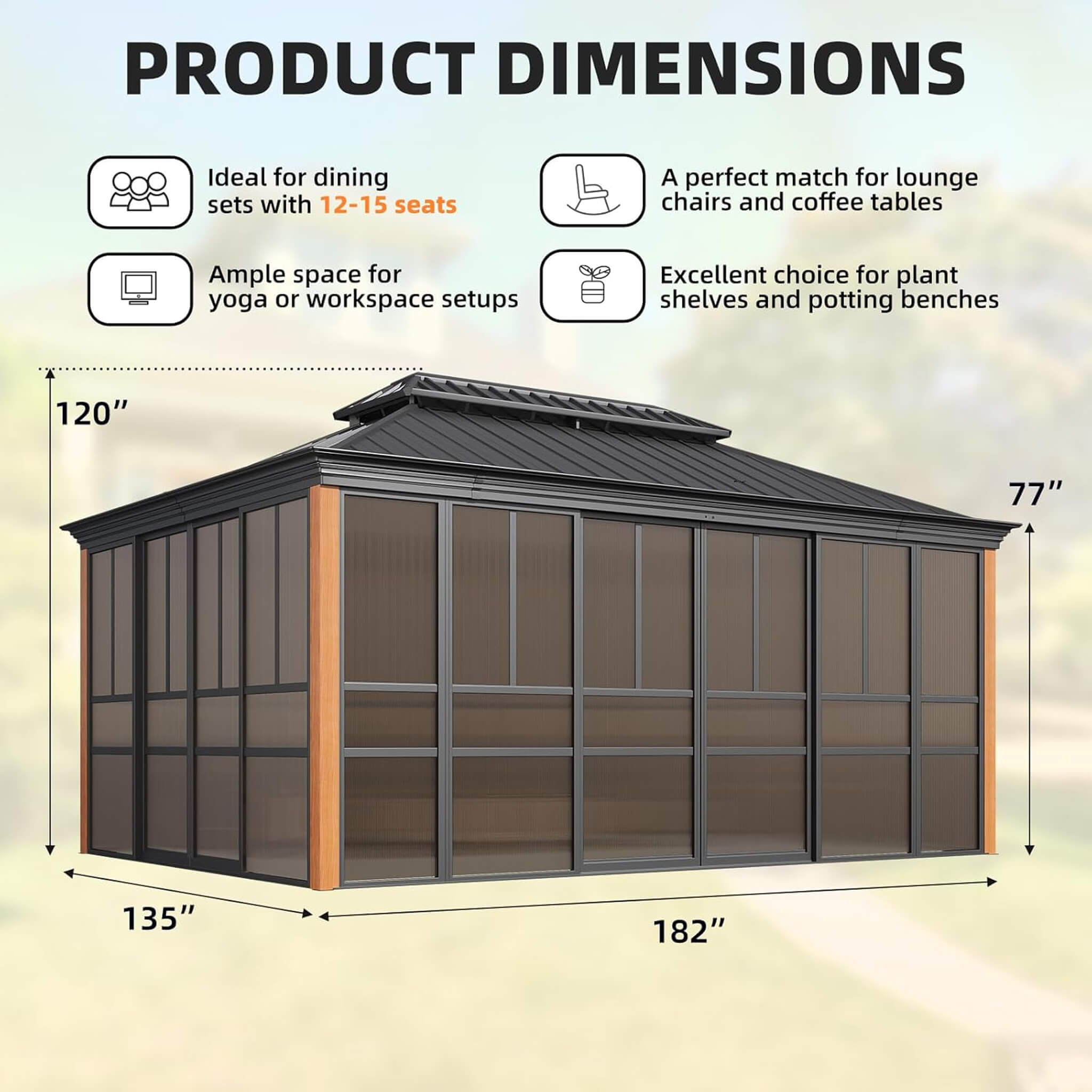 Solstice Premium All-Season Outdoor Wood Grain Sunroom with Sliding Doors and Double Top Roof