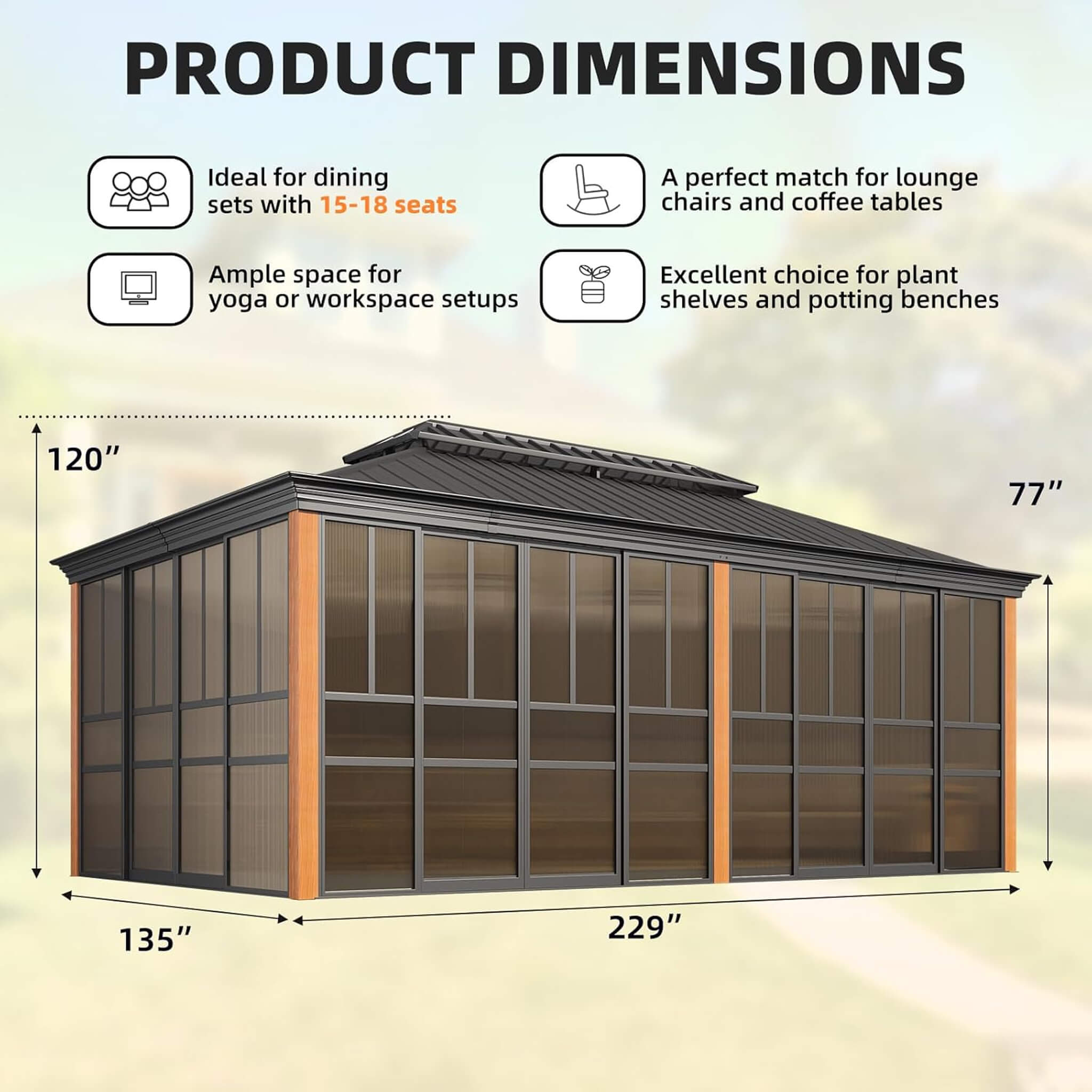 Solstice Premium All-Season Outdoor Wood Grain Sunroom with Sliding Doors and Double Top Roof
