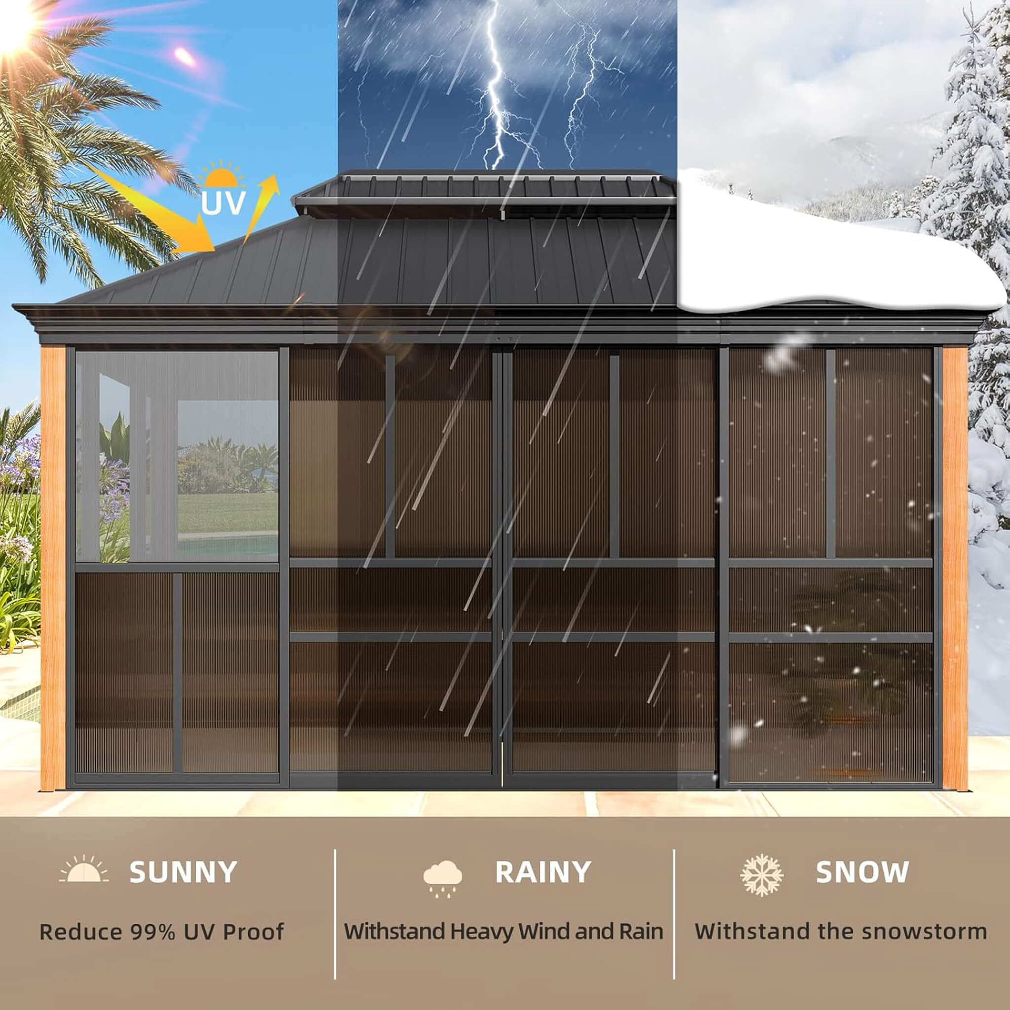 Solstice Premium All-Season Outdoor Wood Grain Sunroom with Sliding Doors and Double Top Roof