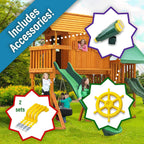 Premium Cedar Wood Tree House Swing Set With Clubhouse, Wave Slide And Scoop Slide