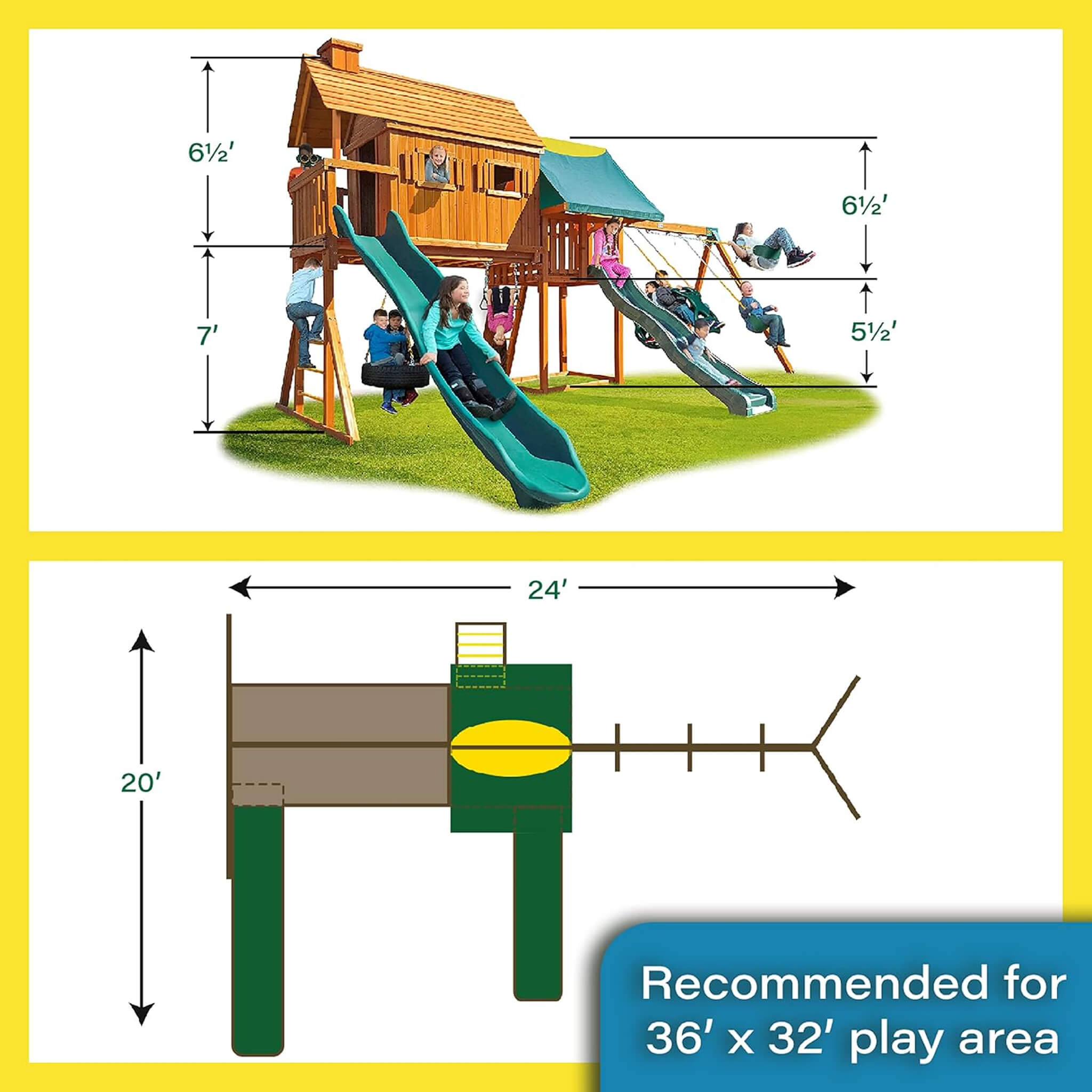 Premium Cedar Wood Tree House Swing Set With Clubhouse, Wave Slide And Scoop Slide
