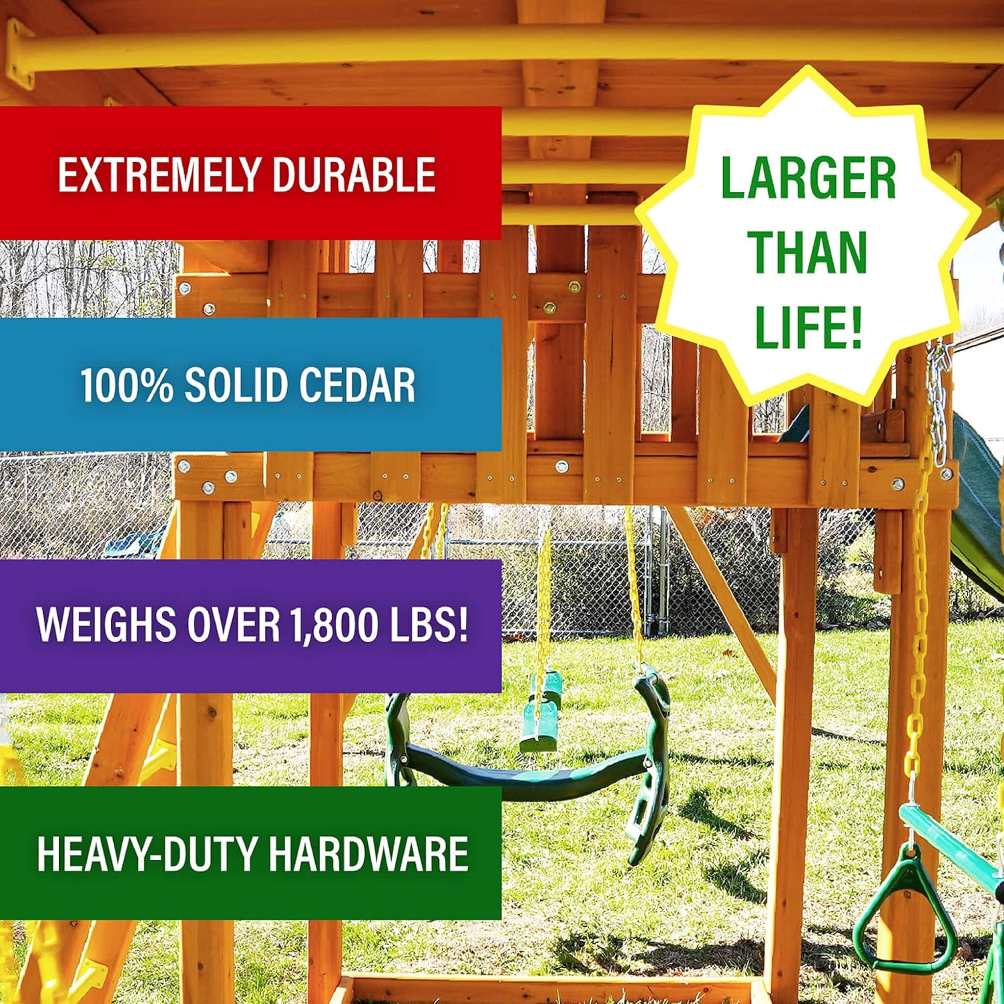 Premium Cedar Wood Tree House Swing Set With Clubhouse, Wave Slide And Scoop Slide