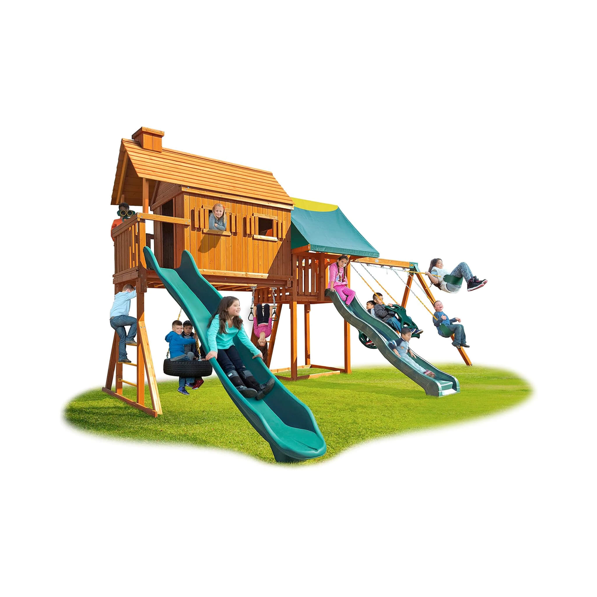 Premium Cedar Wood Tree House Swing Set With Clubhouse, Wave Slide And Scoop Slide