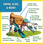 Premium Cedar Wood Tree House Swing Set With Clubhouse, Wave Slide And Scoop Slide