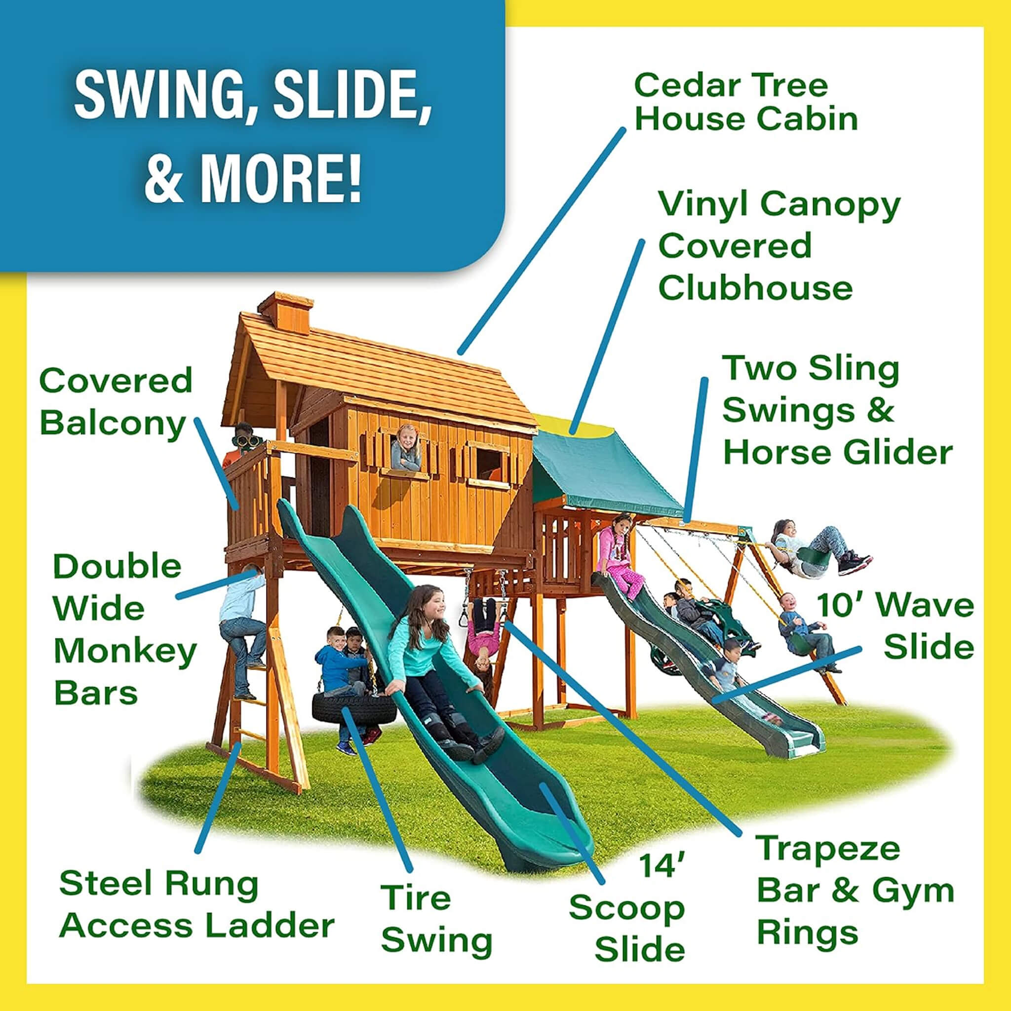 Premium Cedar Wood Tree House Swing Set With Clubhouse, Wave Slide And Scoop Slide