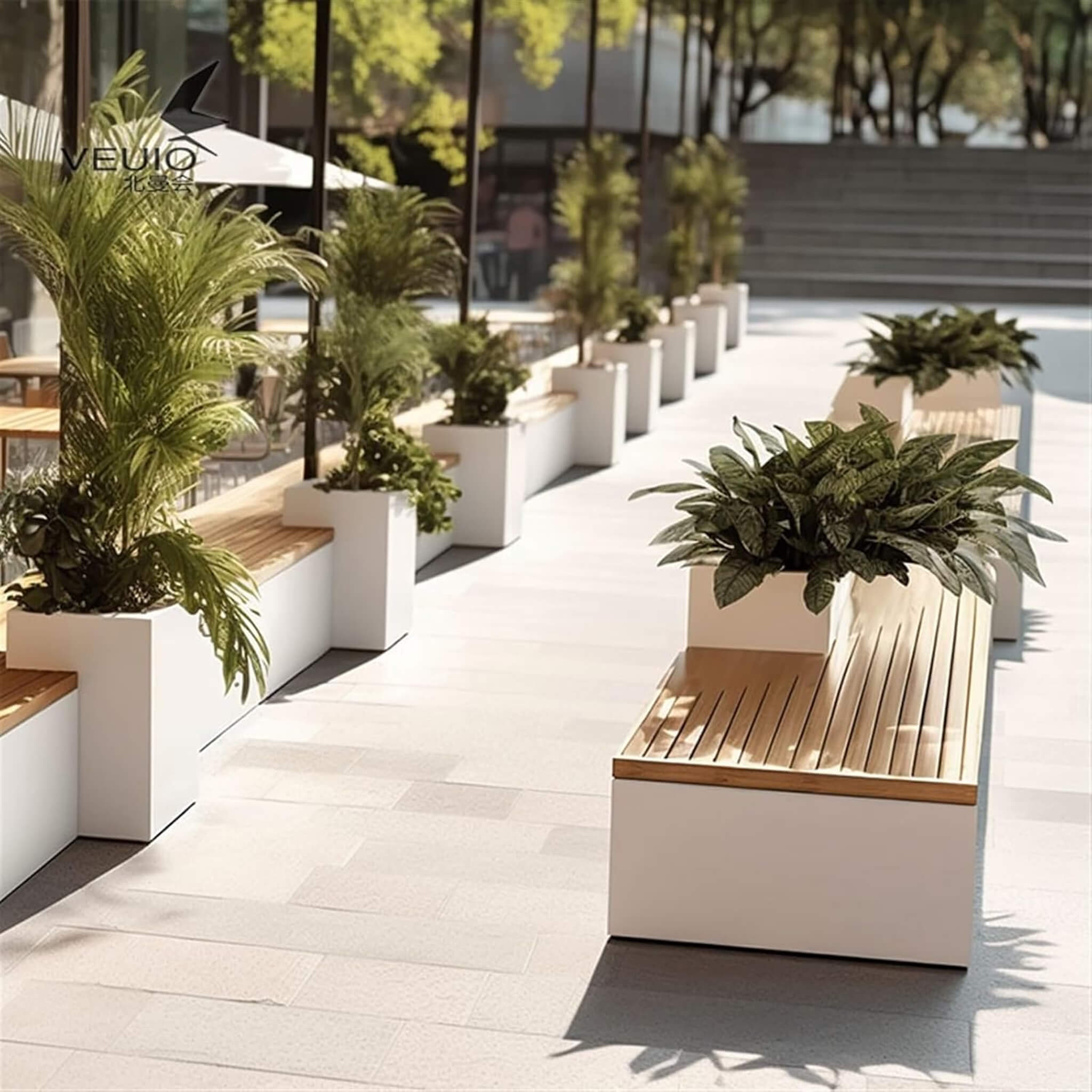 Premium Outdoor Industrial Metal Garden Bench With Wooden Seat And Planter