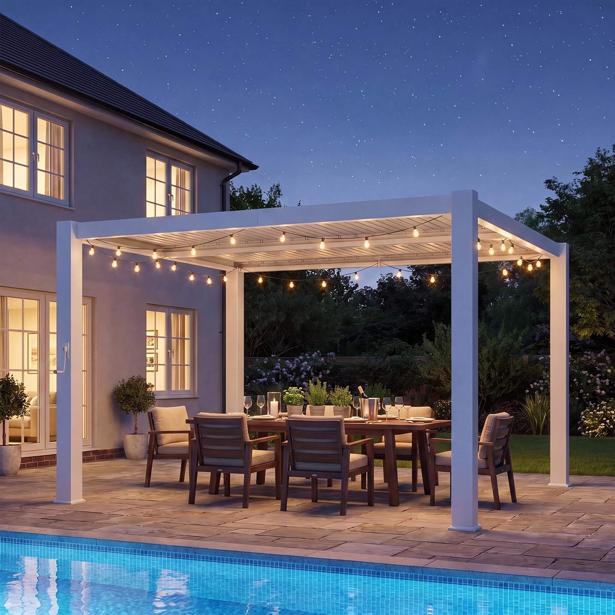 Premium White Outdoor Metal Louvered Pergola With Drainage System