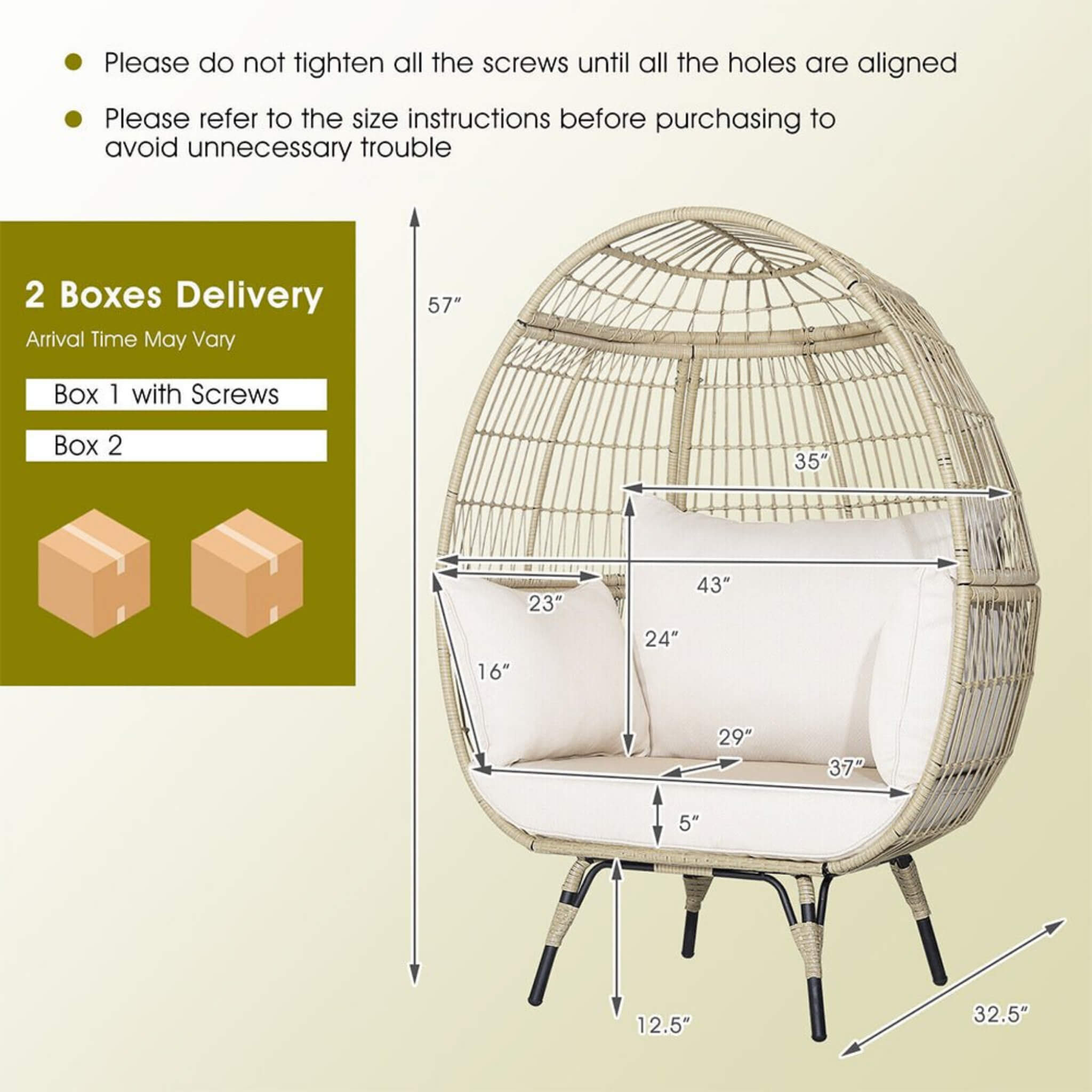 Premium 57-Inch Oversized Rattan Patio Egg Lounge Chair With Cushions