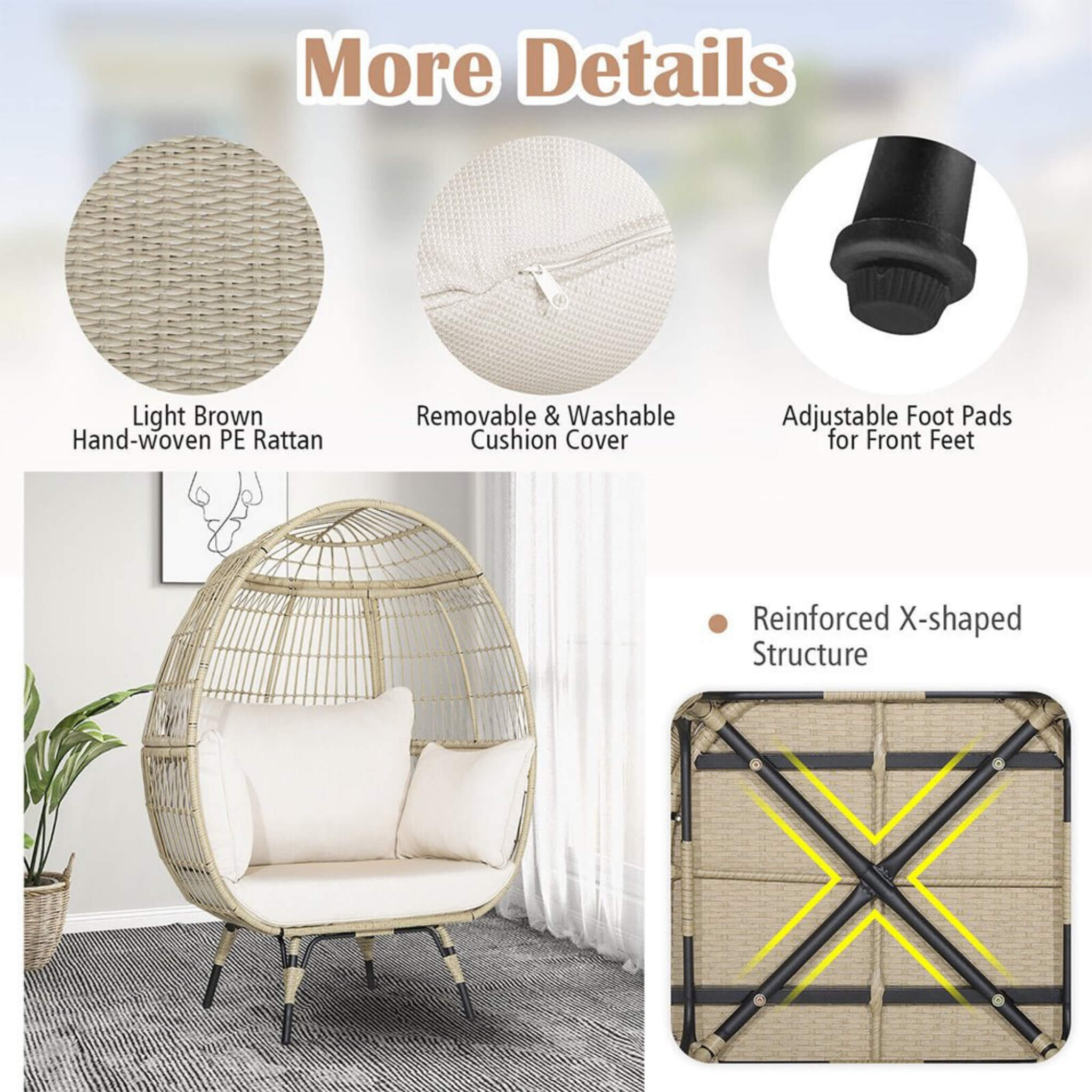 Premium 57-Inch Oversized Rattan Patio Egg Lounge Chair With Cushions