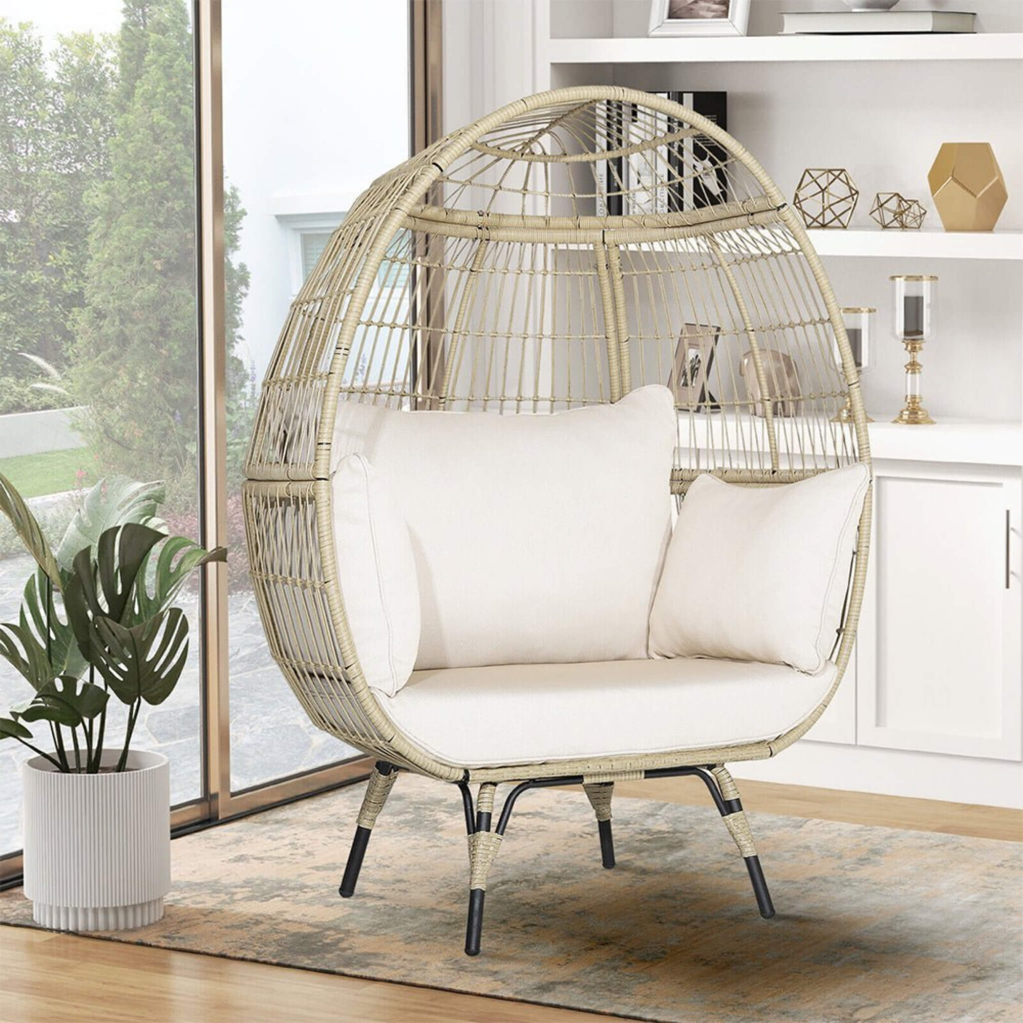 Premium 57-Inch Oversized Rattan Patio Egg Lounge Chair With Cushions
