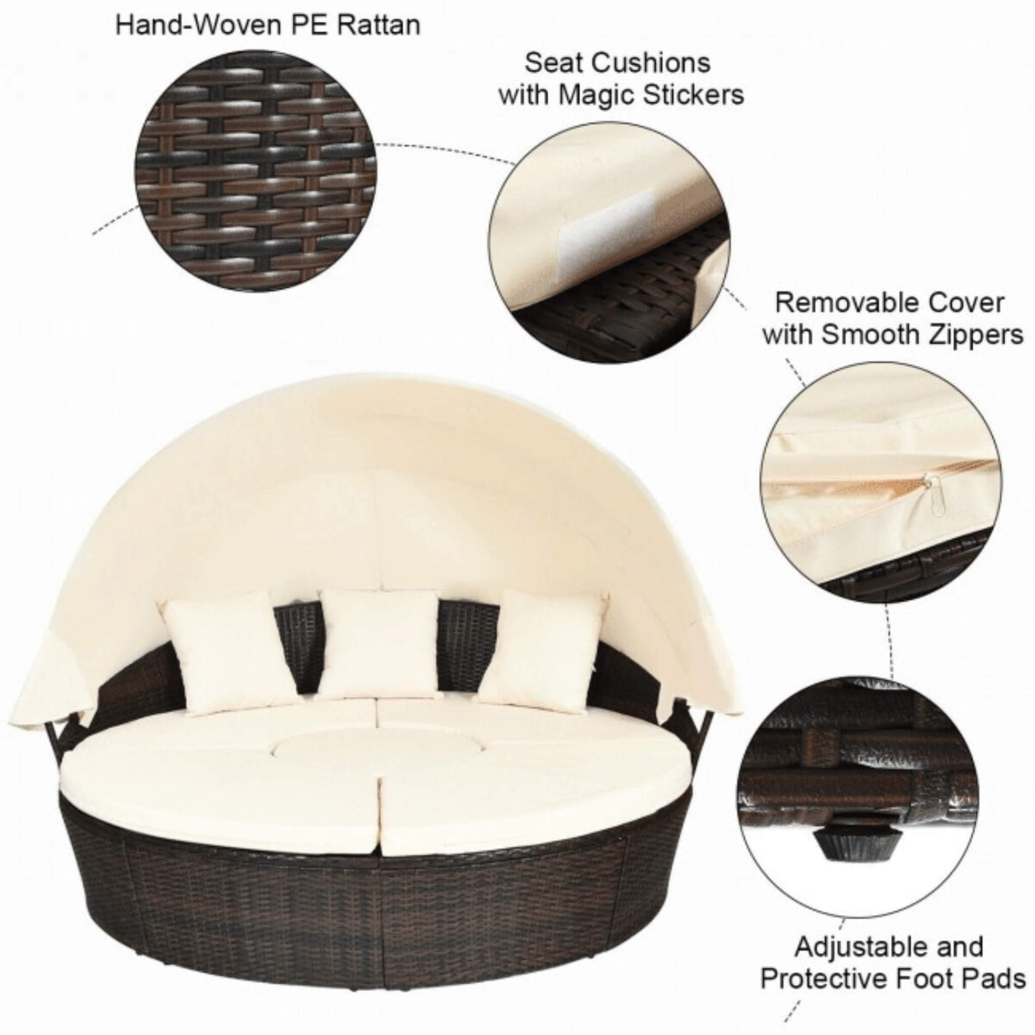 Premium 76-Inch Round Outdoor Patio Rattan Daybed W/ Canopy & Table