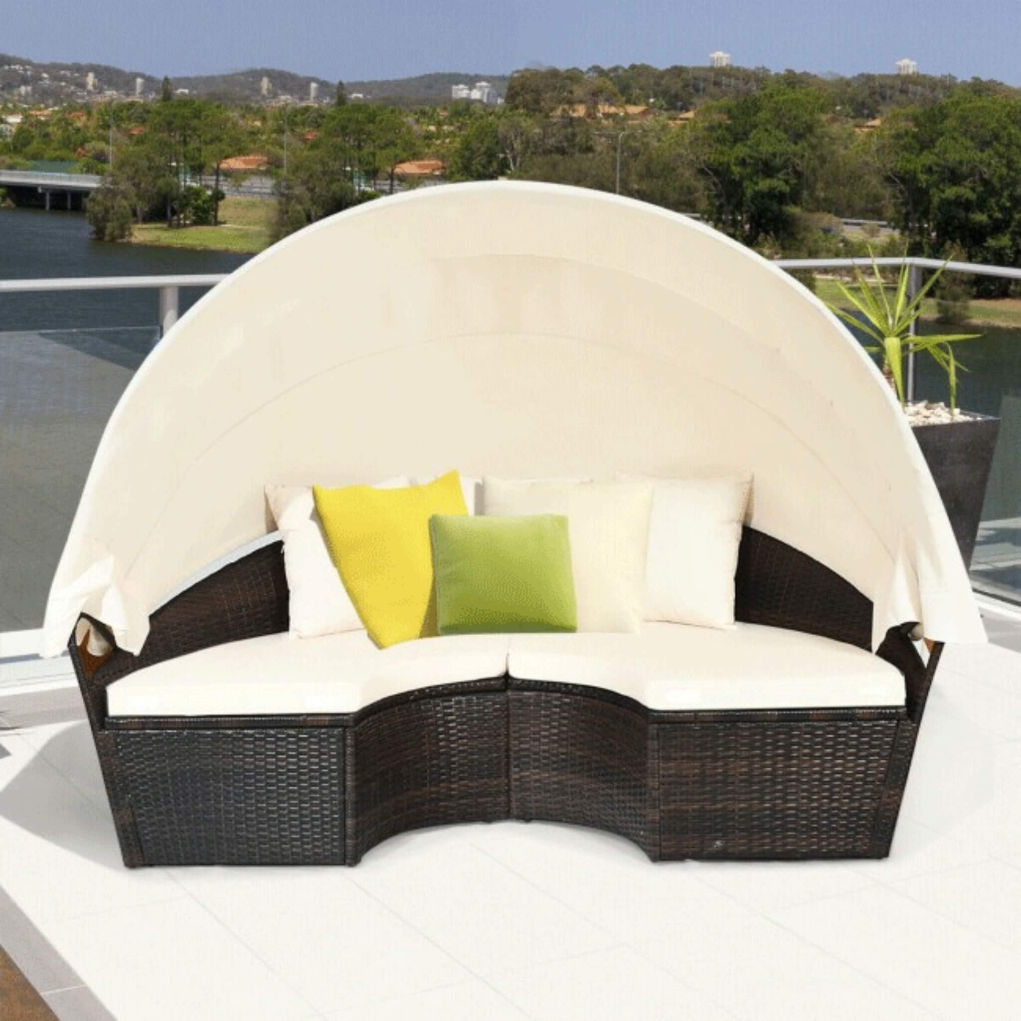 Premium 76-Inch Round Outdoor Patio Rattan Daybed W/ Canopy & Table