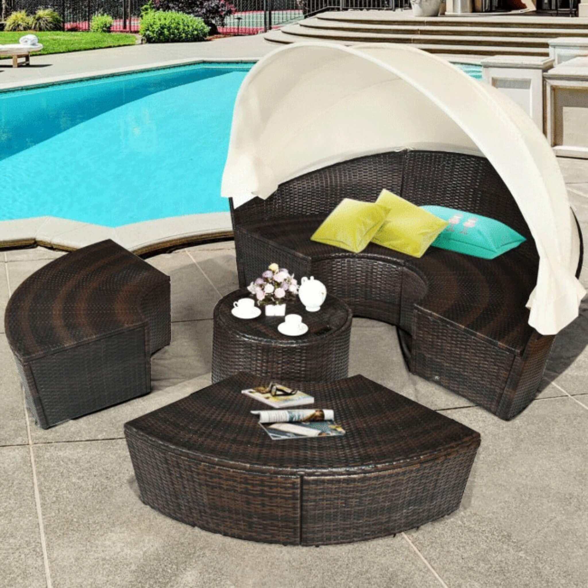 Premium 76-Inch Round Outdoor Patio Rattan Daybed W/ Canopy & Table