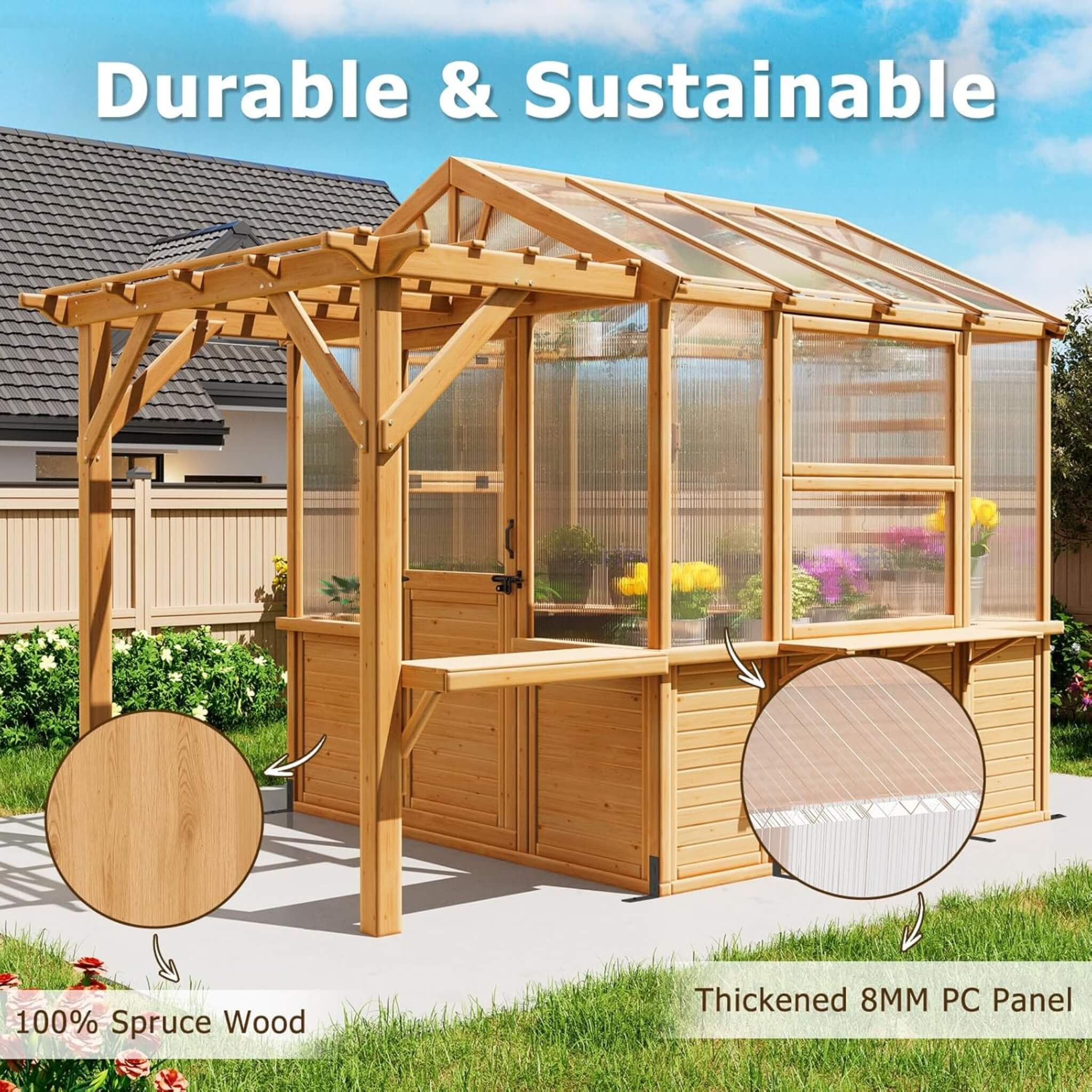 Premium Walk-In Spruce Wood Greenhouse with Pergola and Shelves