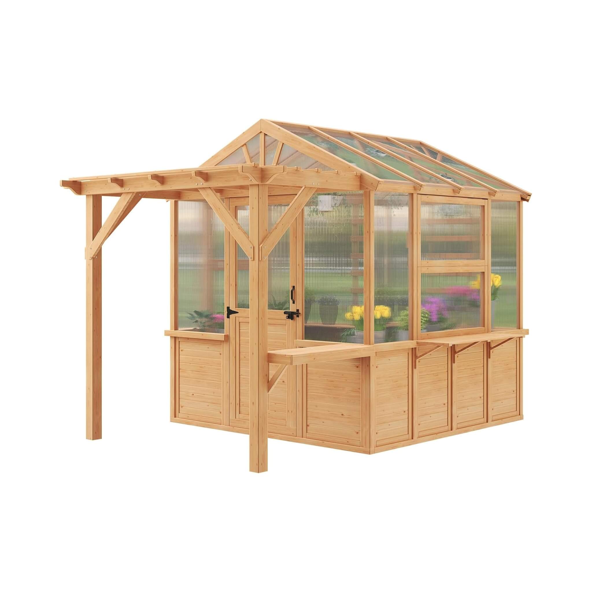 Premium Walk-In Spruce Wood Greenhouse with Pergola and Shelves