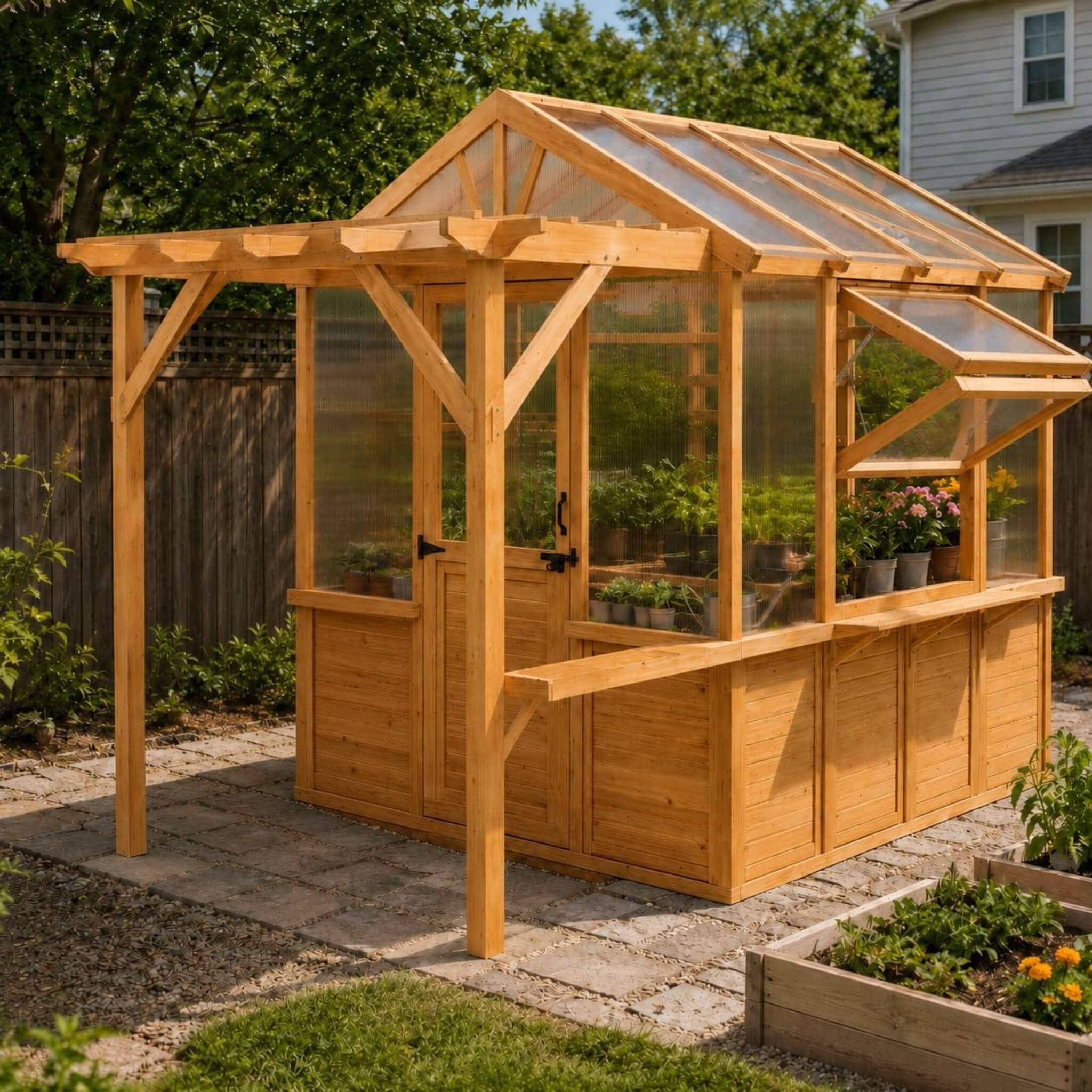 Premium Walk-In Spruce Wood Greenhouse with Pergola and Shelves