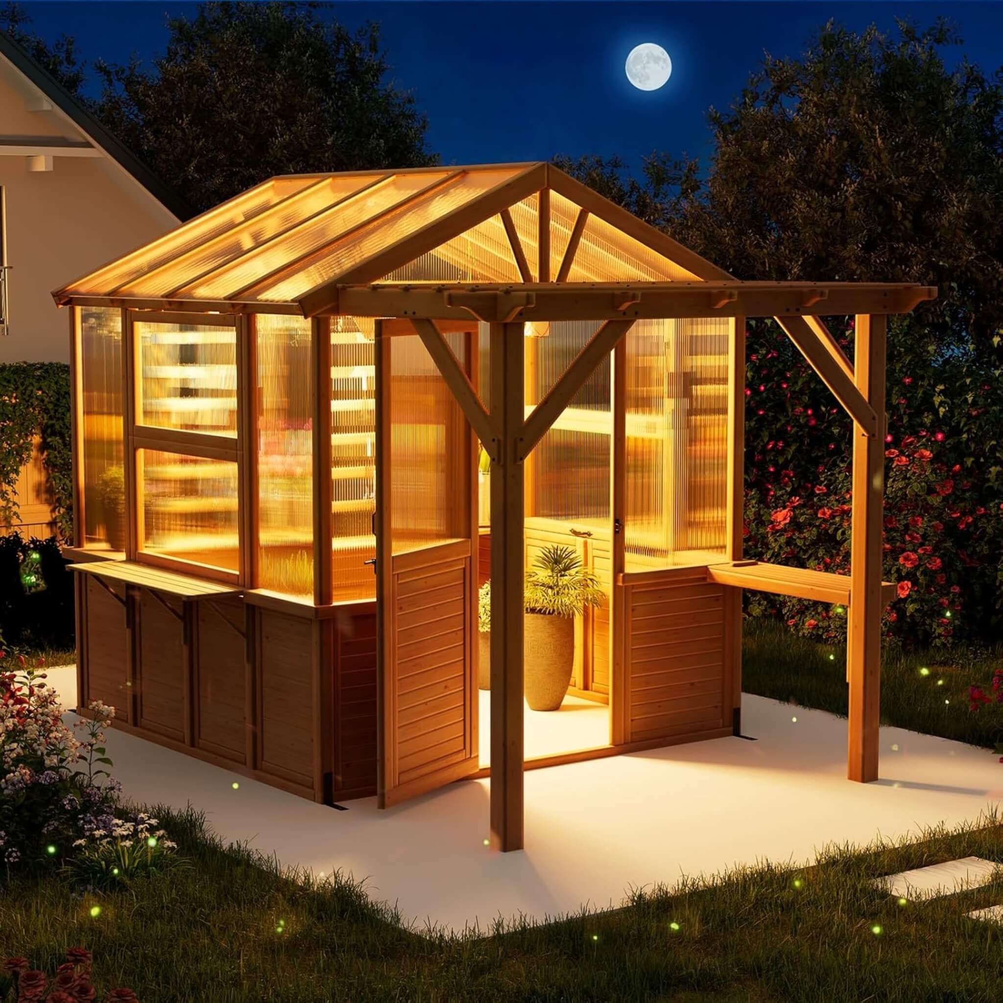 Premium Walk-In Spruce Wood Greenhouse with Pergola and Shelves