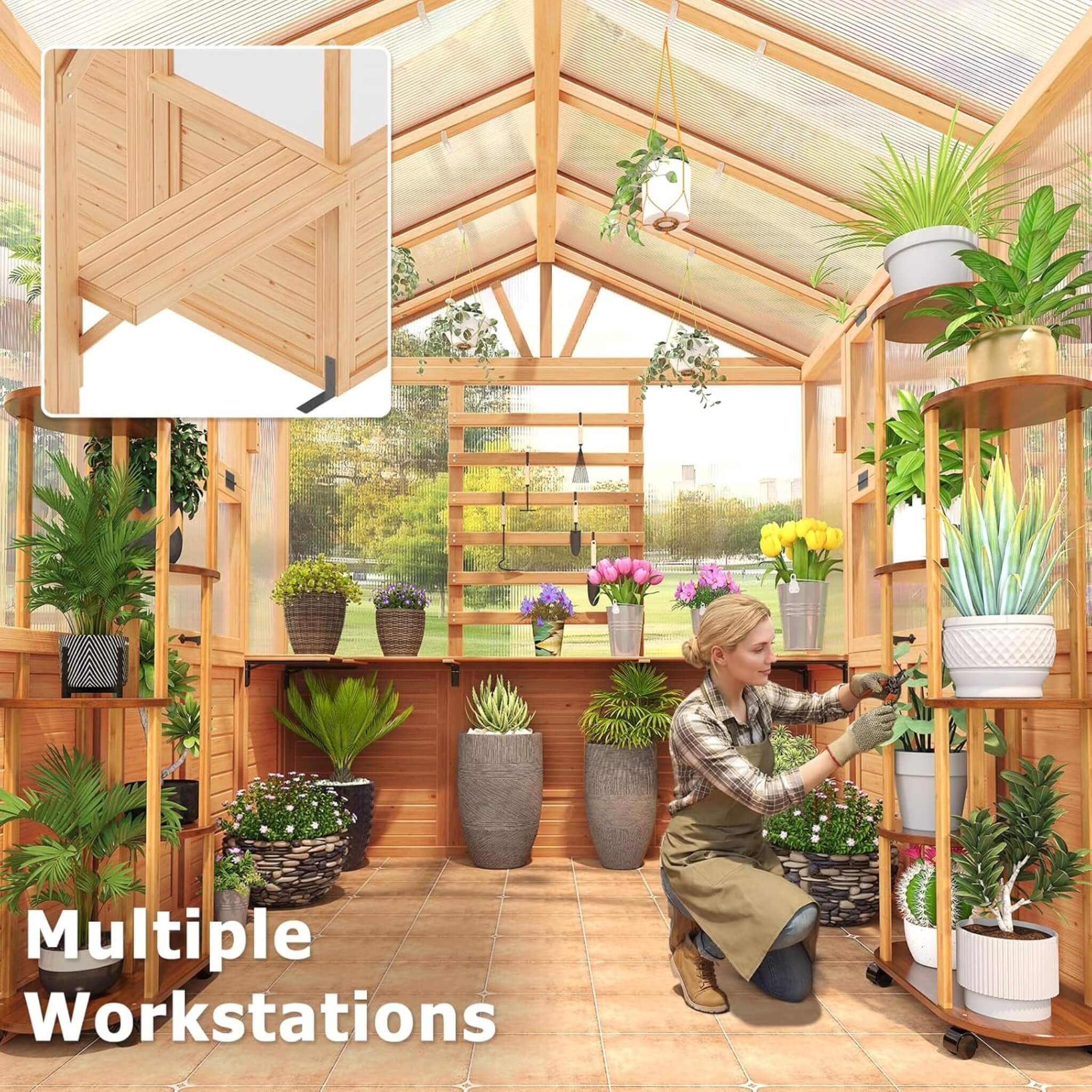 Premium Walk-In Spruce Wood Greenhouse with Pergola and Shelves
