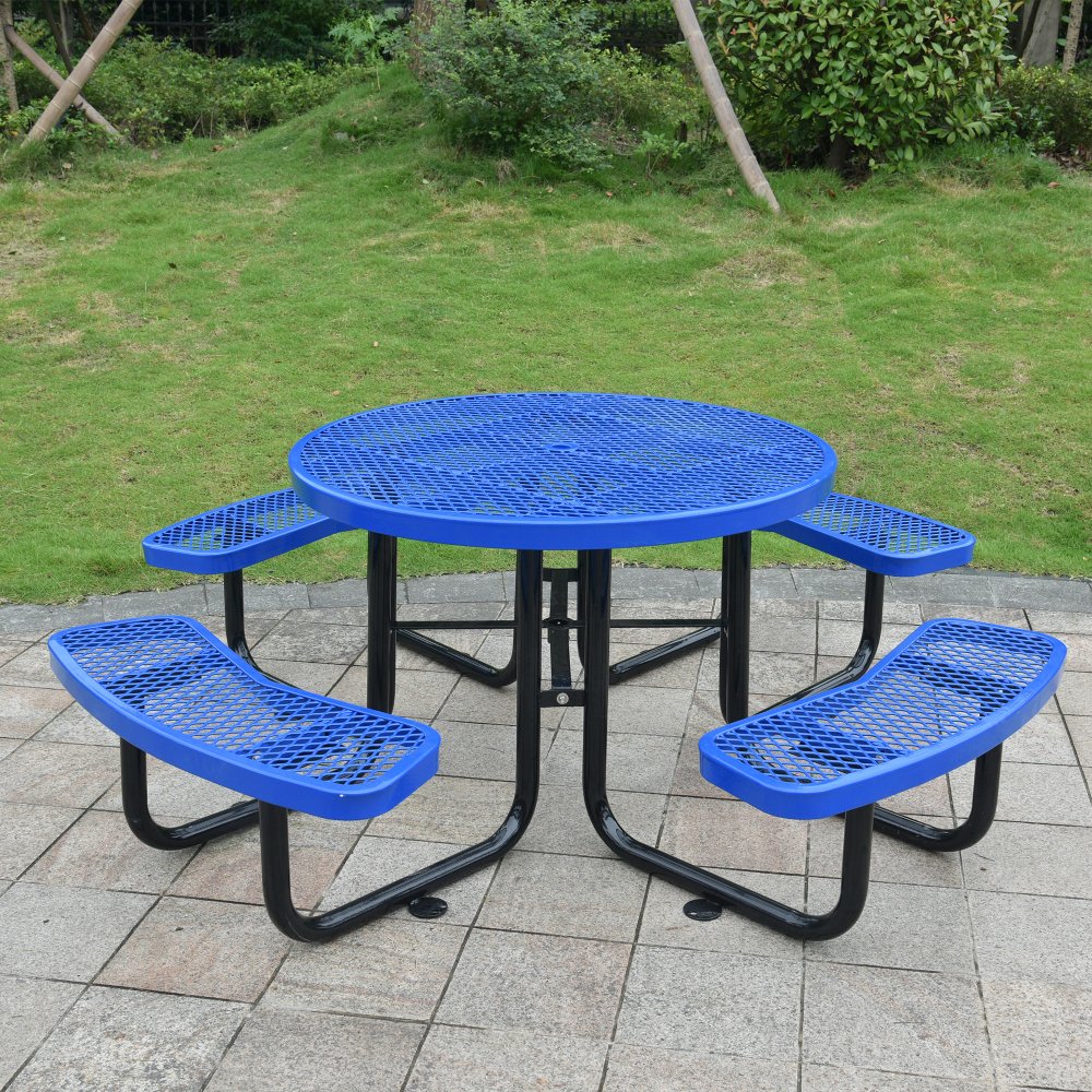 Large 46-Inch Heavy-Duty Round Outdoor Steel Picnic Table With Umbrella Hole
