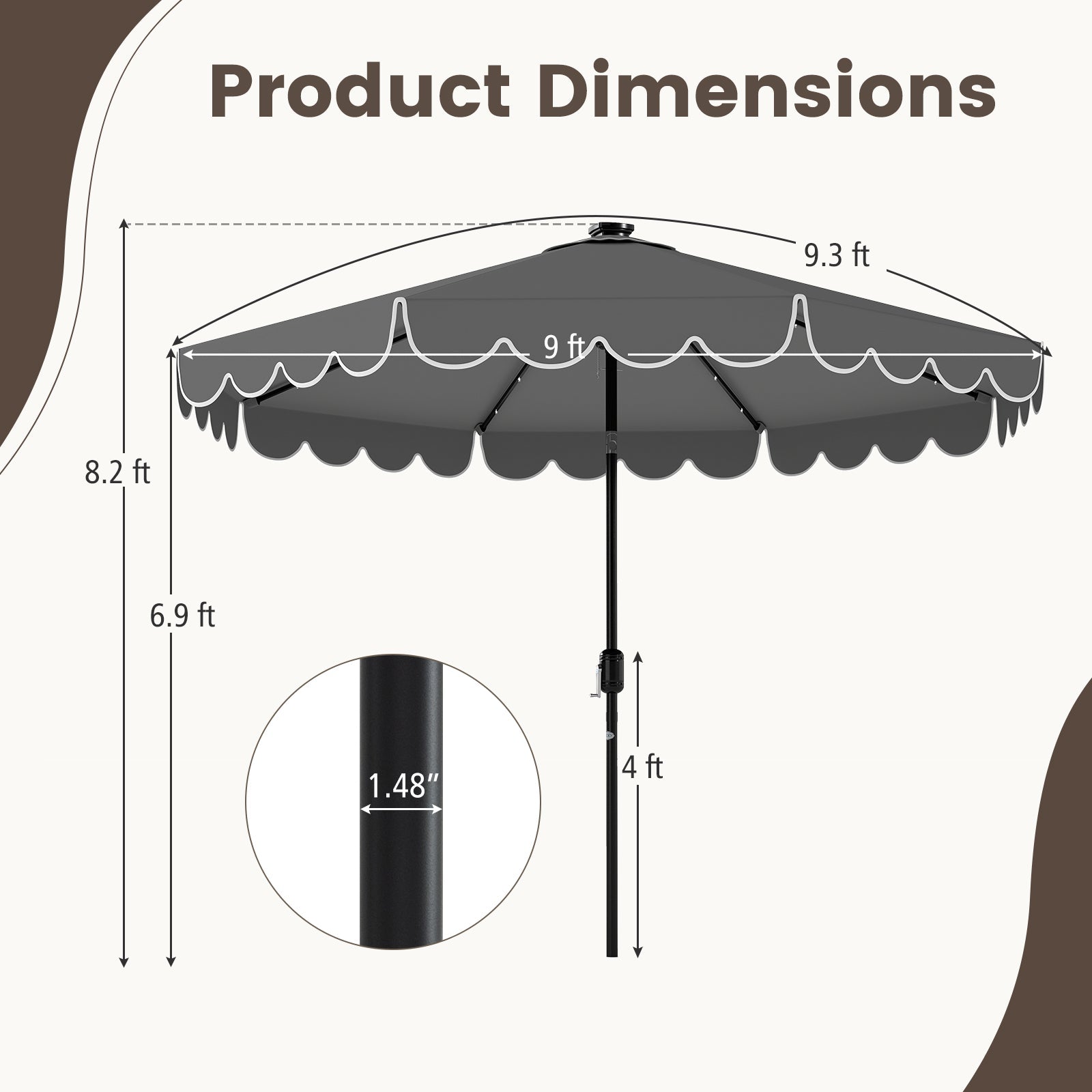 9.3 Feet Solar Patio Umbrella with 24 LED Lights Vented Top and Ruffles-Beige