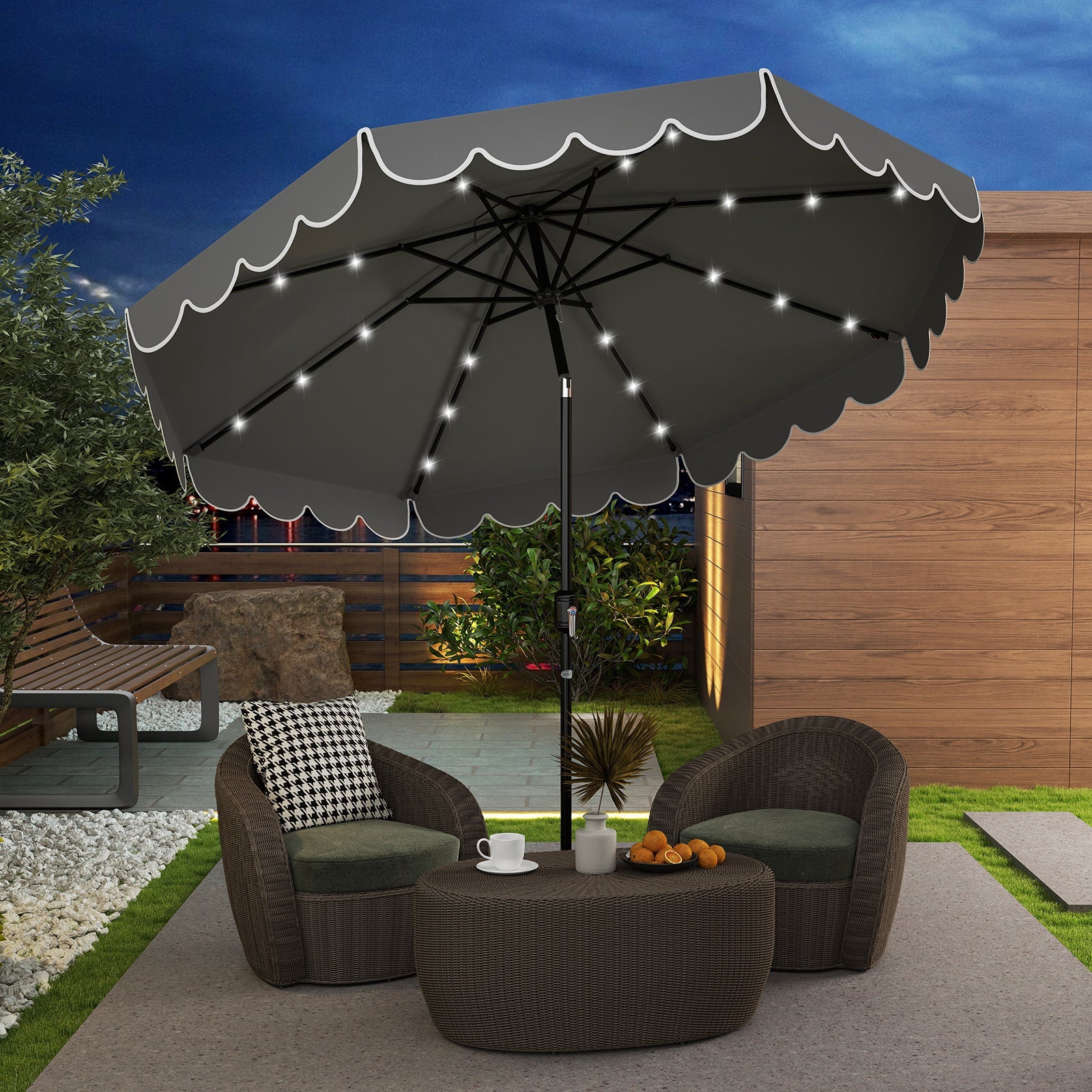 9.3 Feet Solar Patio Umbrella with 24 LED Lights Vented Top and Ruffles-Beige