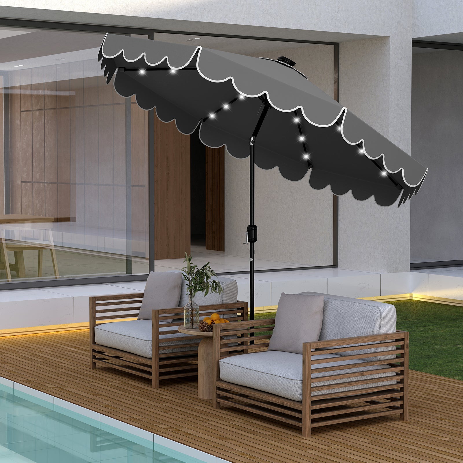 9.3 Feet Solar Patio Umbrella with 24 LED Lights Vented Top and Ruffles-Beige