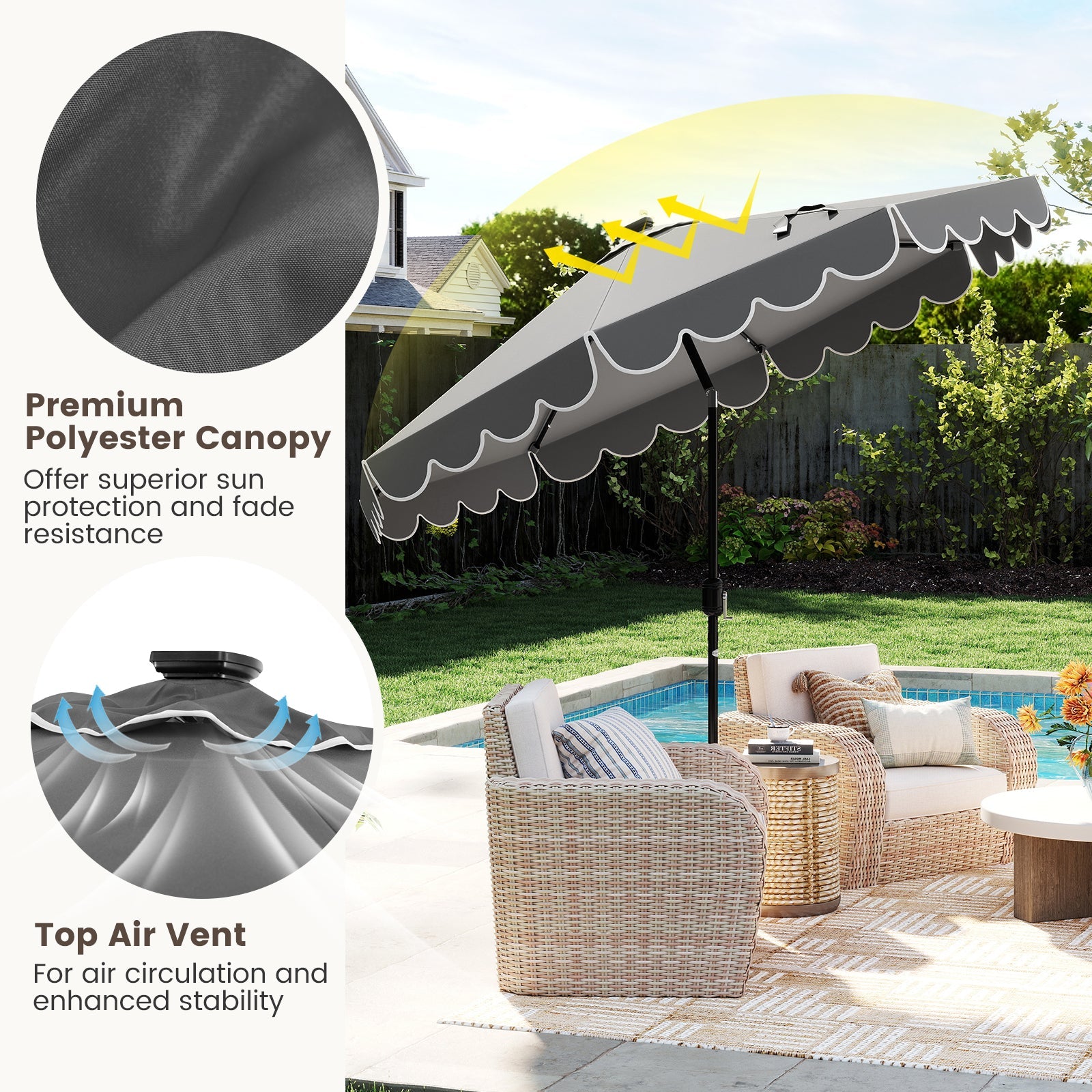 9.3 Feet Solar Patio Umbrella with 24 LED Lights Vented Top and Ruffles-Beige