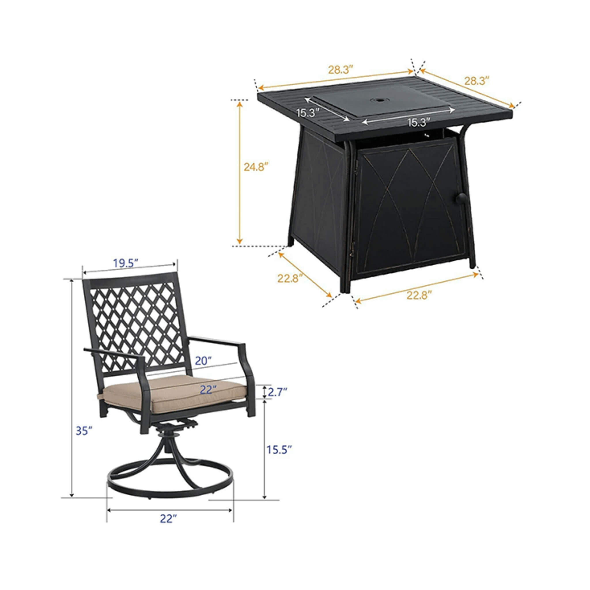 Outdoor Gas Fire Pit Table Set W/ Cushioned Swivel Dining Chairs, 5PCS