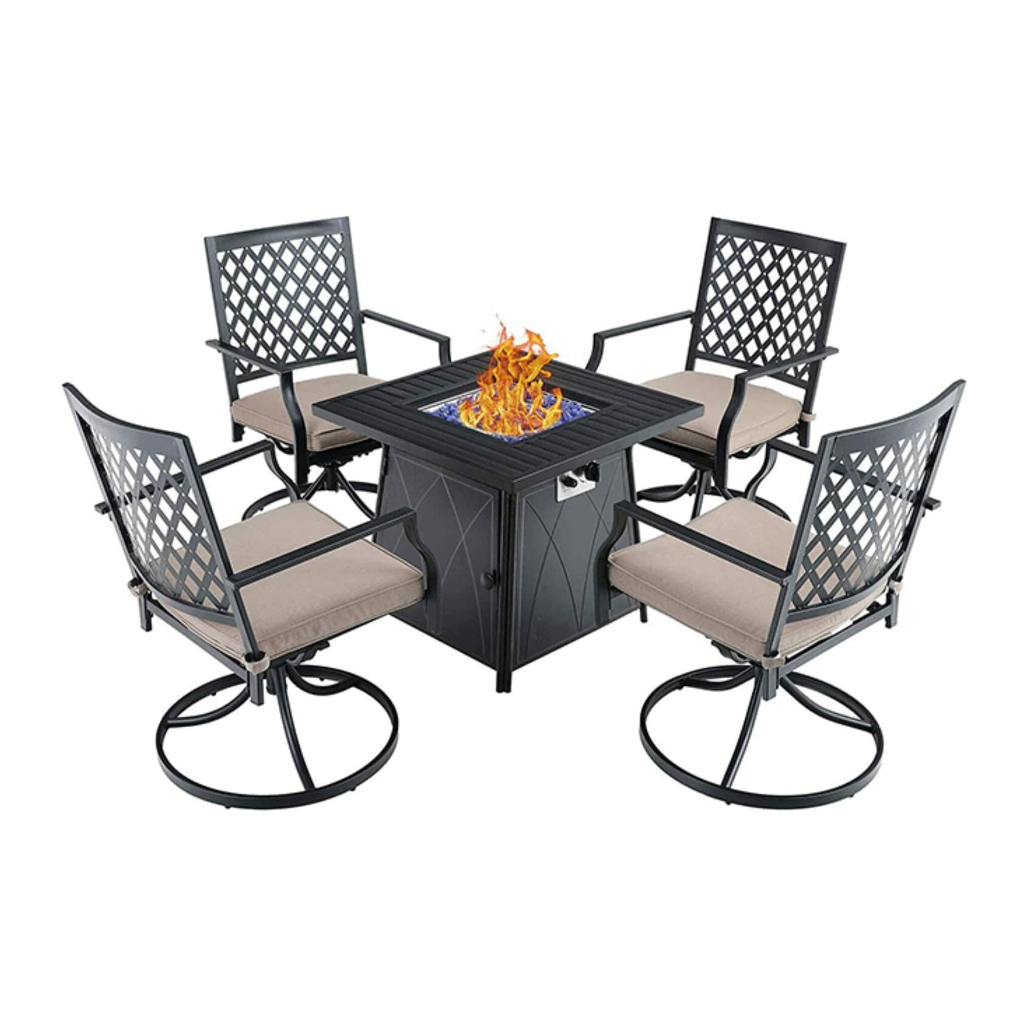Outdoor Gas Fire Pit Table Set W/ Cushioned Swivel Dining Chairs, 5PCS