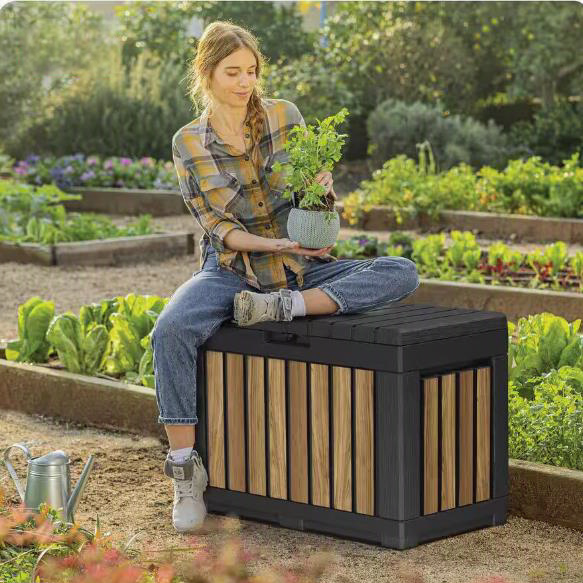 Keter Oakridge 50 Gal. Weather Resisitant Plastic Resin Deck Box in Oak Wood Look Brown