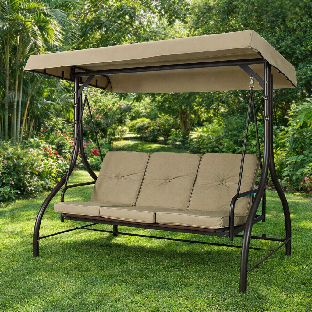 Tan 3-Seat Outdoor Porch Deck Patio Canopy Swing with Cushions