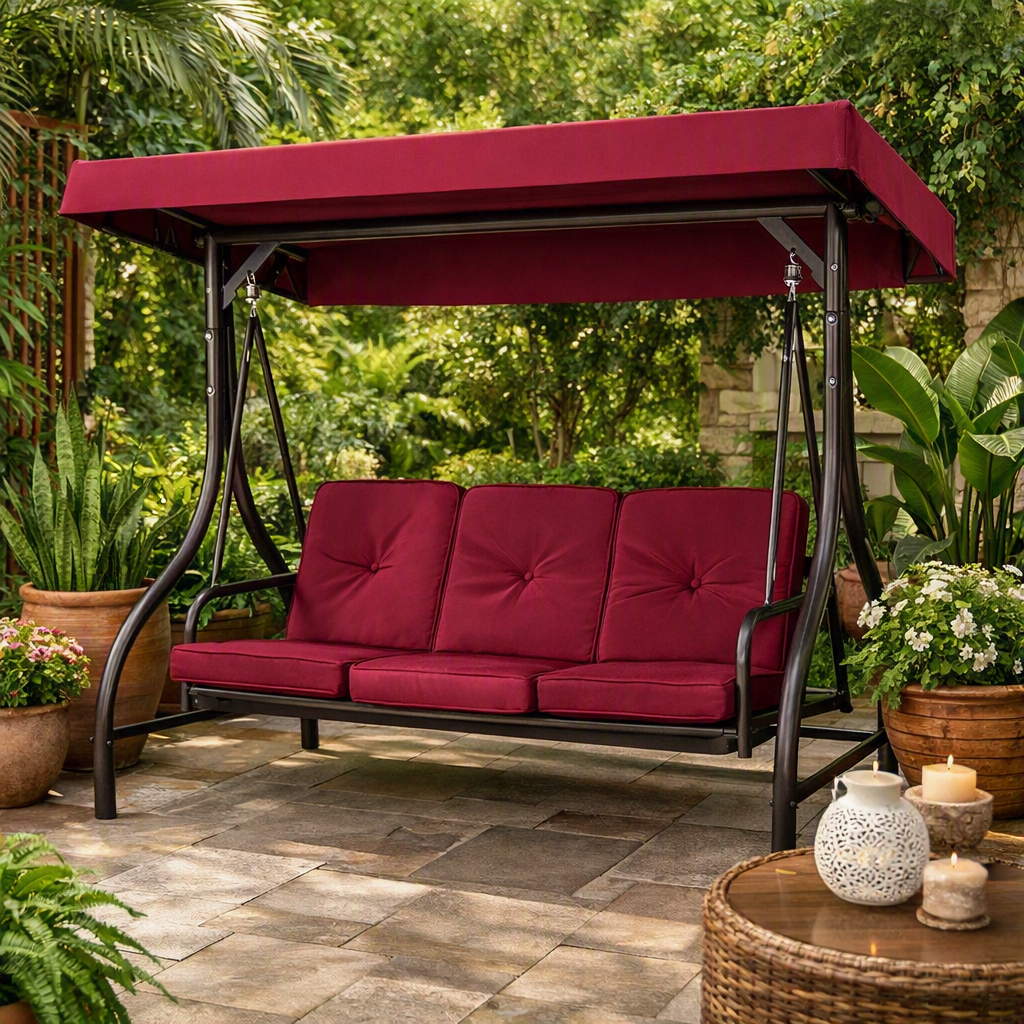 Burgundy Outdoor Patio Deck Porch Canopy Swing with Cushions