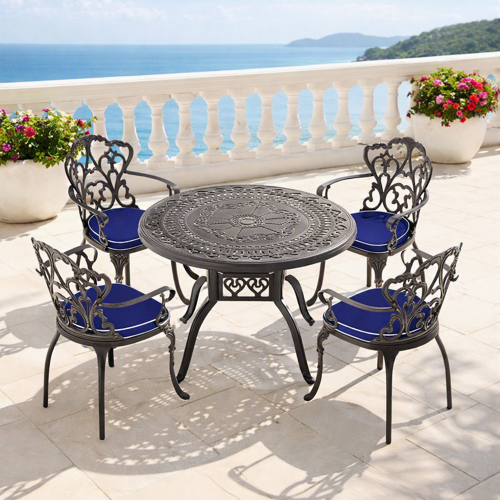 39.37-inch Cast Aluminum Patio Dining Set With Black Frame and Umbrella Hole