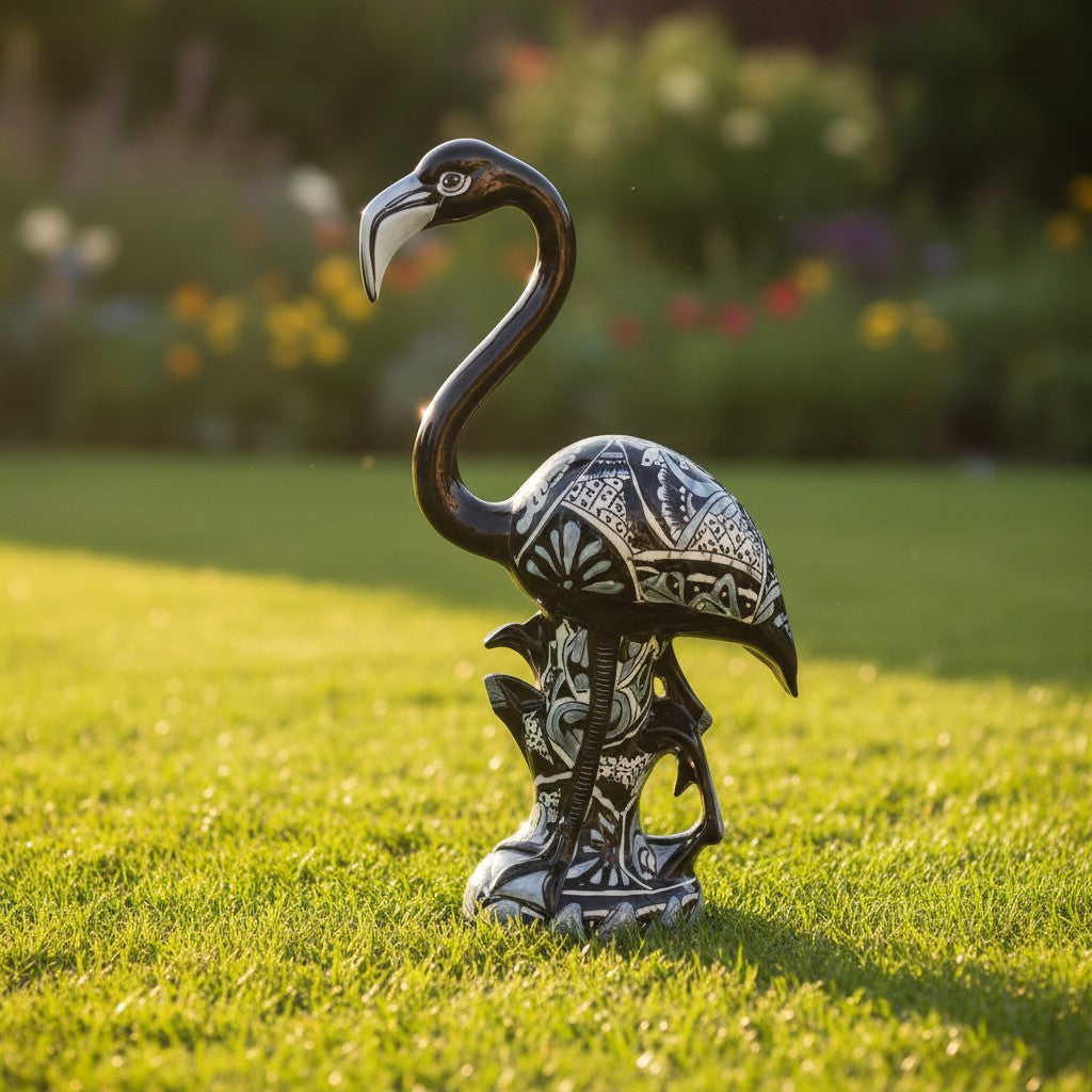 Blue & White  Flamingo Statue | Hand-Painted Bird Pottery