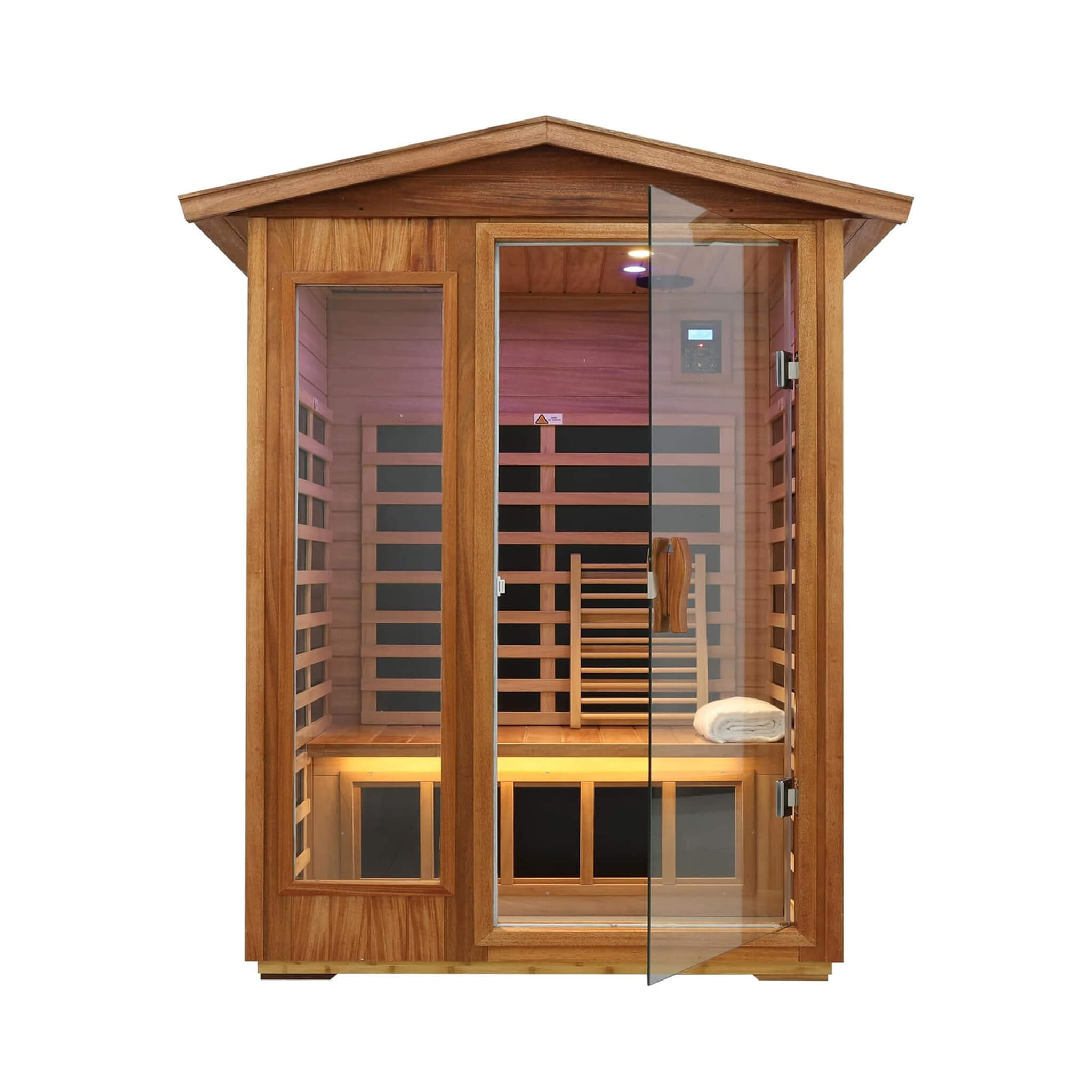 The Ignis 2-Person Ultra-Low EMF Mahogany Outdoor Infrared Sauna with Bluetooth Speakers
