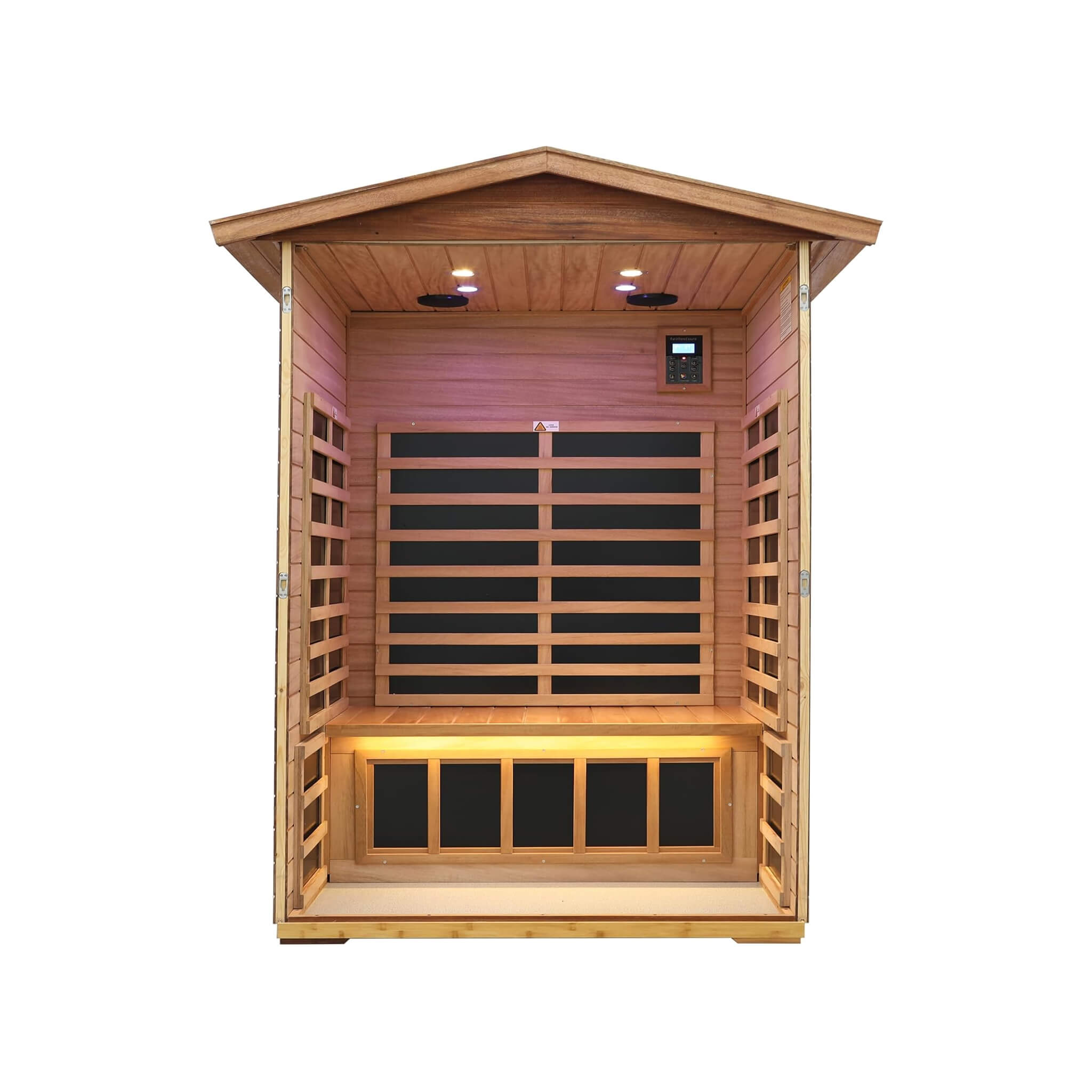 The Ignis 2-Person Ultra-Low EMF Mahogany Outdoor Infrared Sauna with Bluetooth Speakers