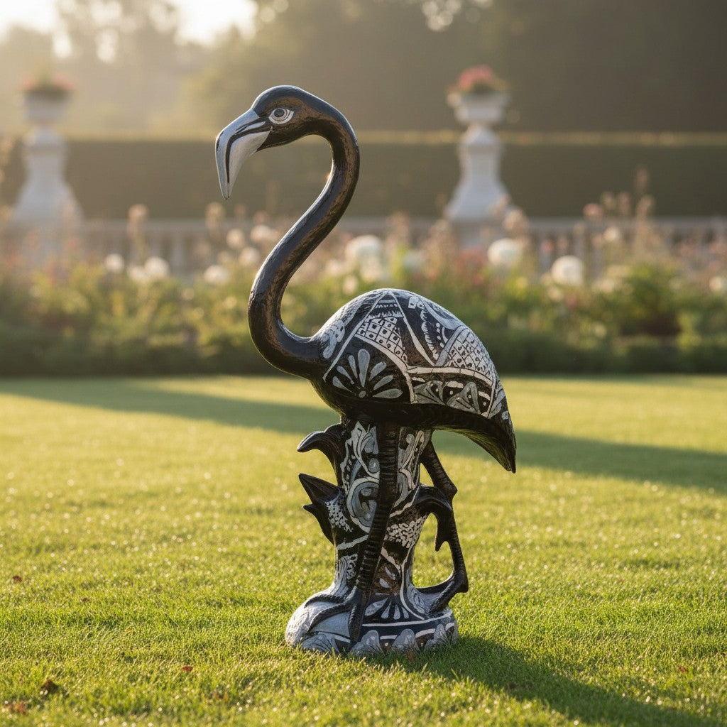 Blue & White  Flamingo Statue | Hand-Painted Bird Pottery