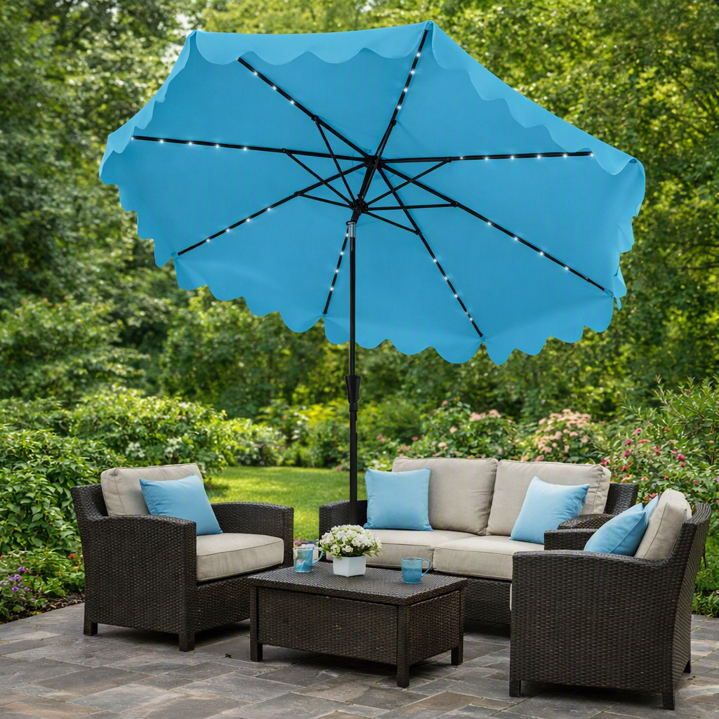 10 FT Outdoor Patio Umbrella with Solar LED Lights and Weighted Base