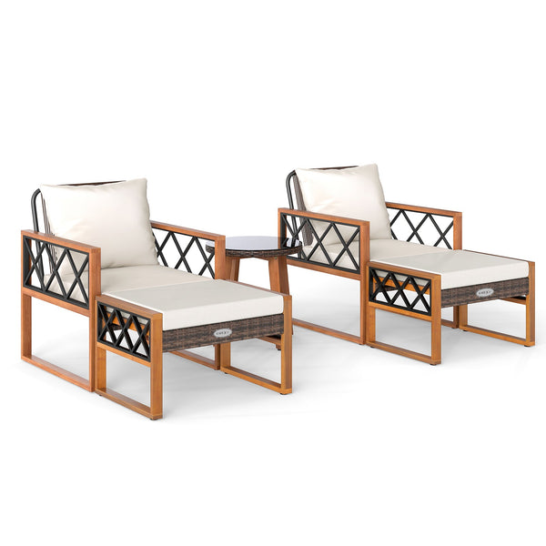 5 Pieces Patio Furniture Set - PE Rattan Outdoor Conversation Set with Acacia Wood