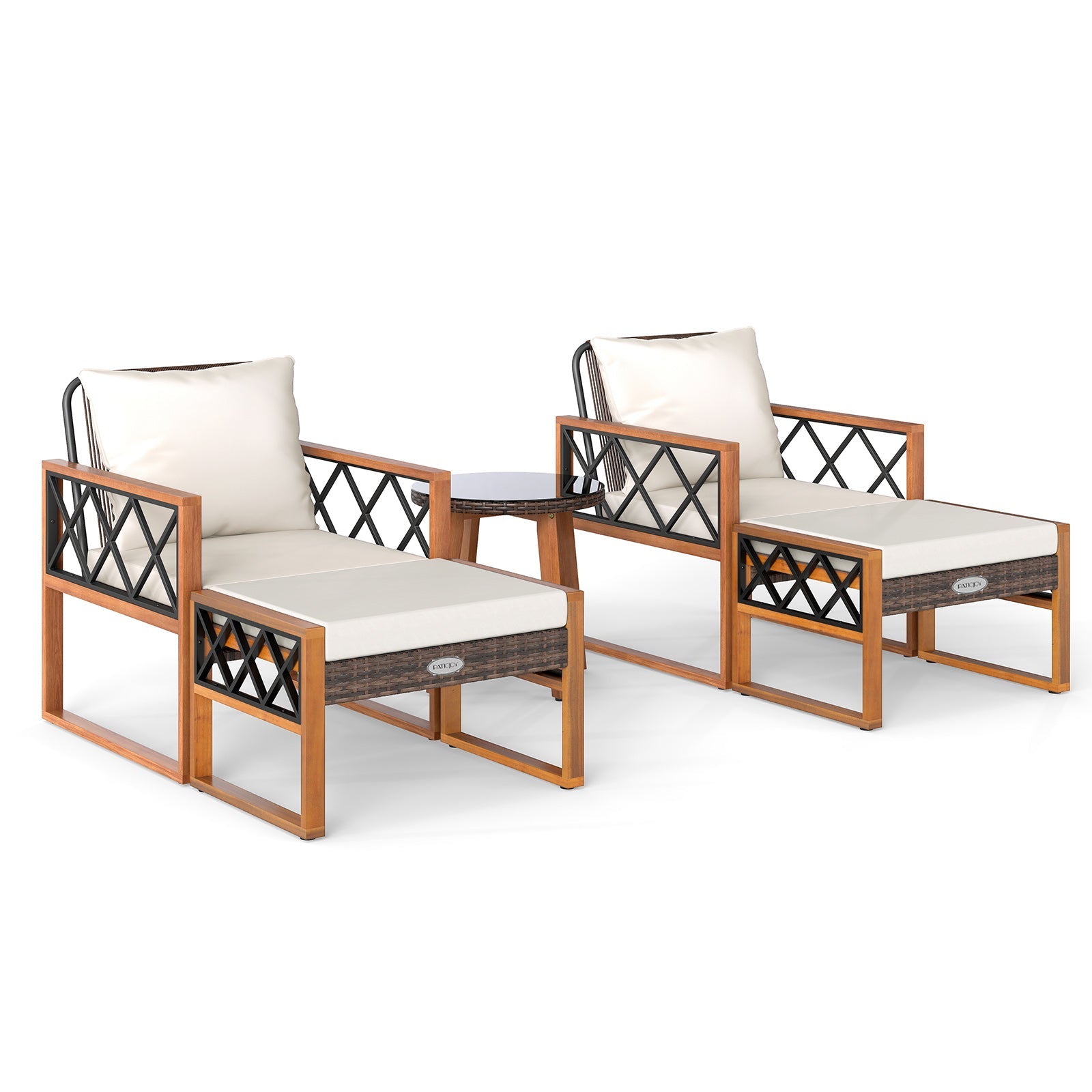 5 Pieces Patio Furniture Set - PE Rattan Outdoor Conversation Set with Acacia Wood