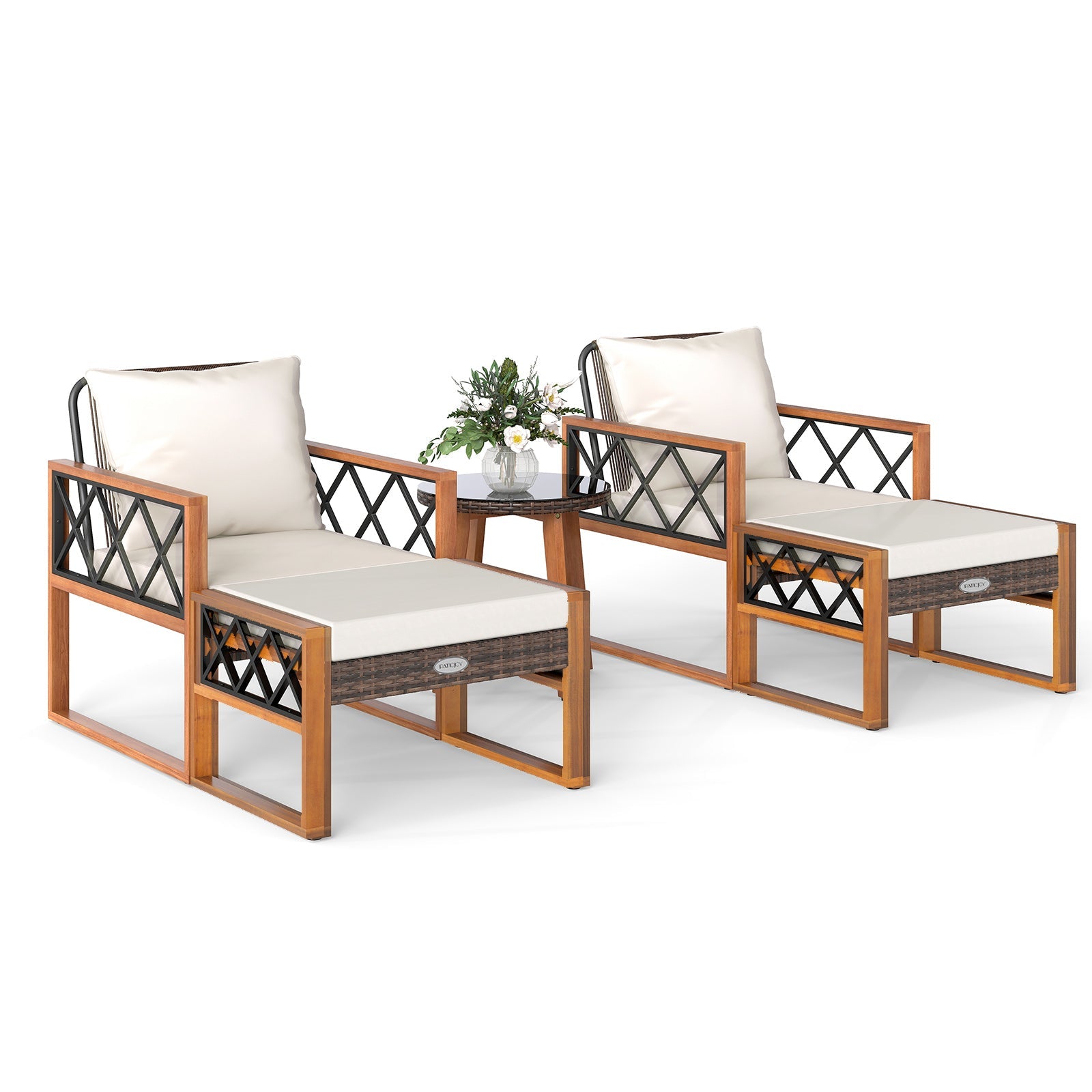 5 Pieces Patio Furniture Set - PE Rattan Outdoor Conversation Set with Acacia Wood