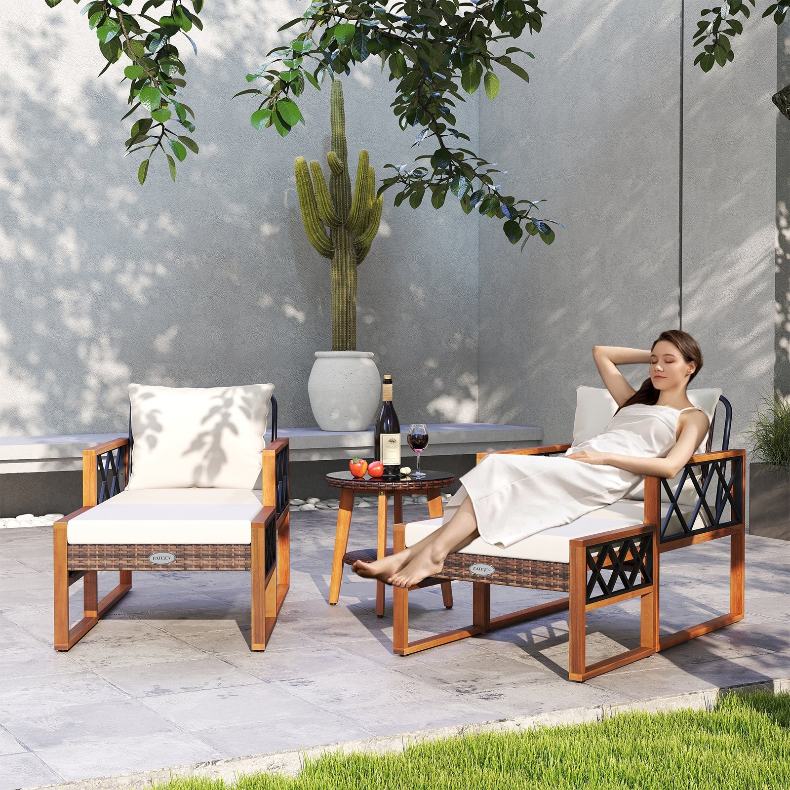 5 Pieces Patio Furniture Set - PE Rattan Outdoor Conversation Set with Acacia Wood