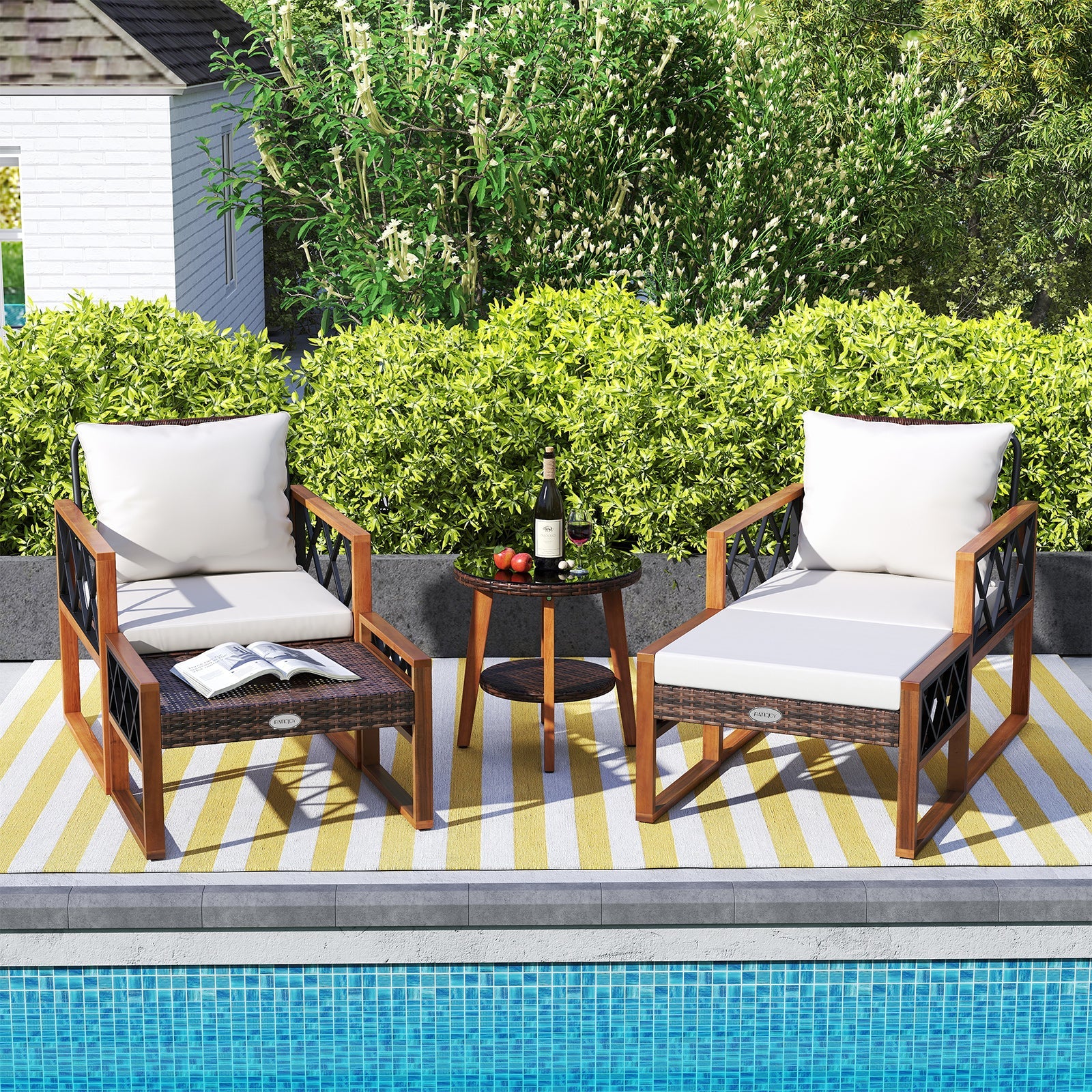 5 Pieces Patio Furniture Set - PE Rattan Outdoor Conversation Set with Acacia Wood
