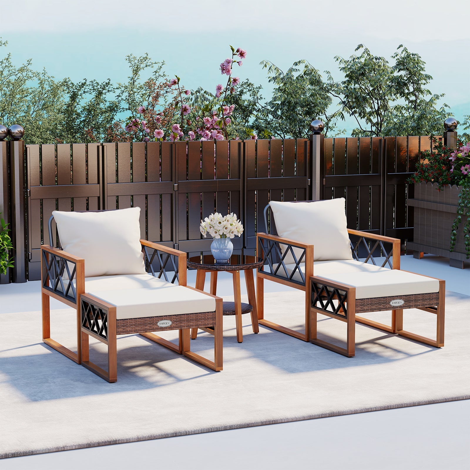 5 Pieces Patio Furniture Set - PE Rattan Outdoor Conversation Set with Acacia Wood