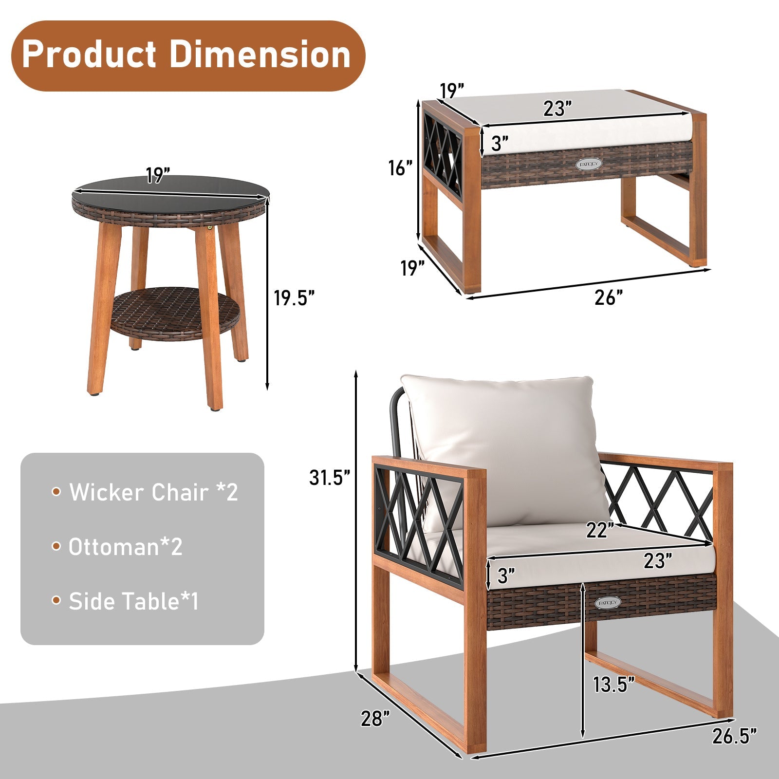 5 Pieces Patio Furniture Set - PE Rattan Outdoor Conversation Set with Acacia Wood
